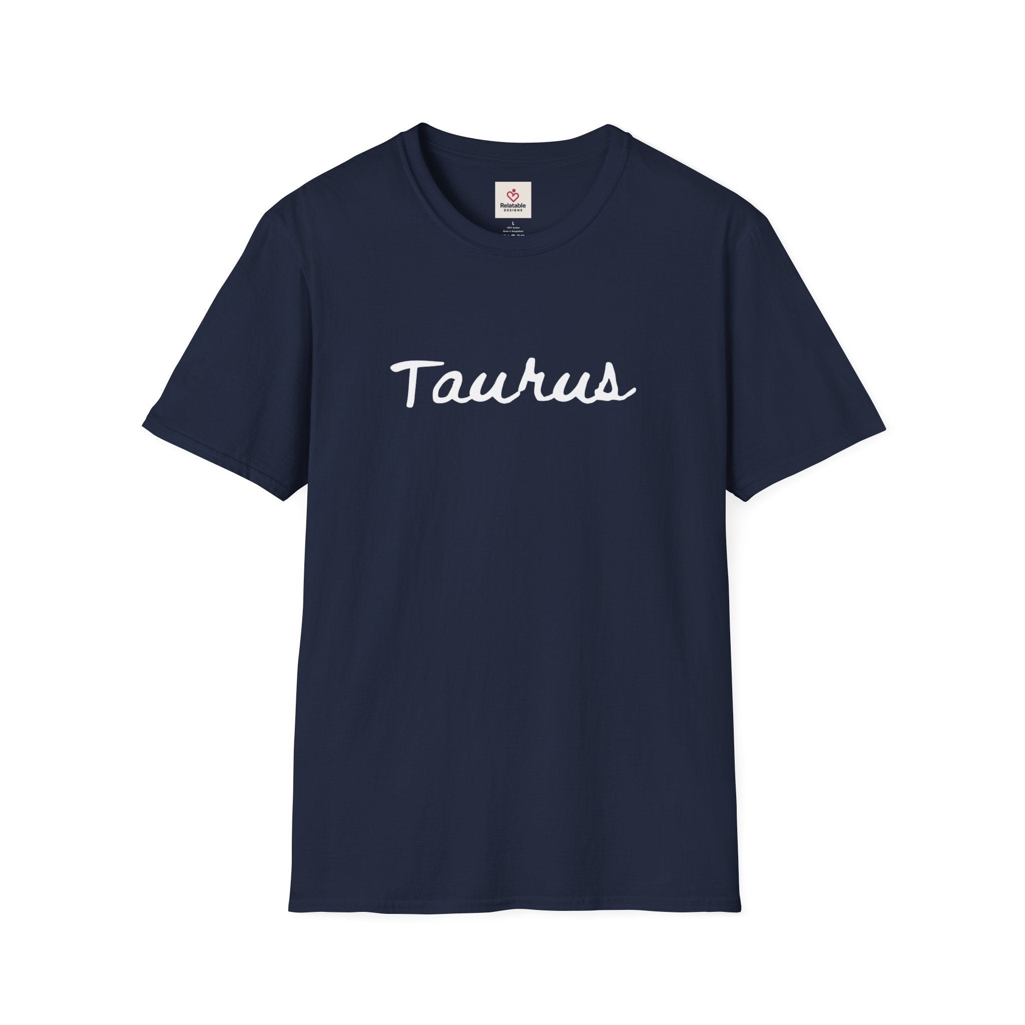 Navy blue t-shirt with 'Taurus' text on a white background
