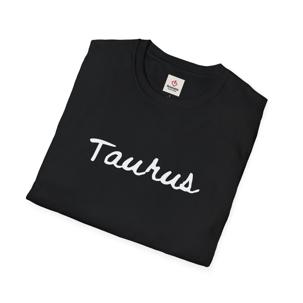 Black t-shirt with 'Taurus' printed on it, folded and displayed against a white background.