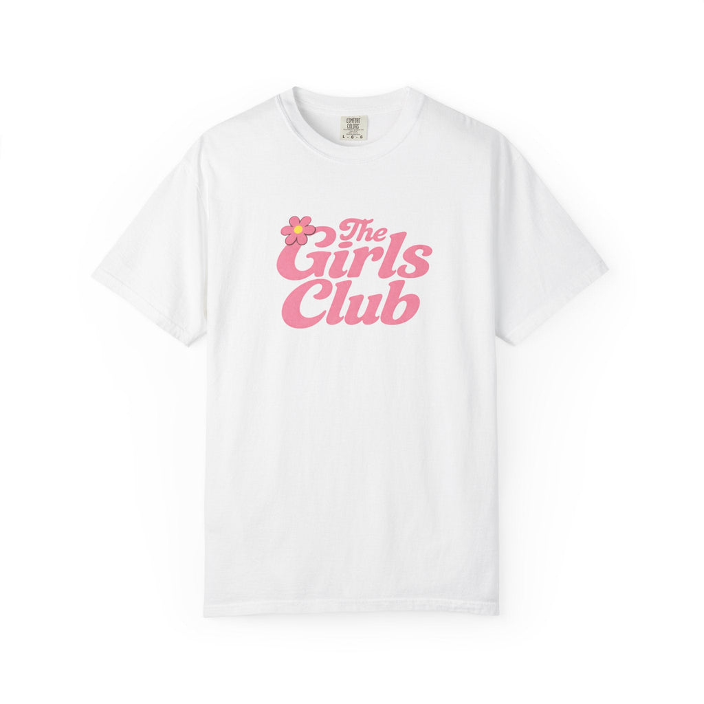White t-shirt with 'The Girls Club' text in pink on a white background