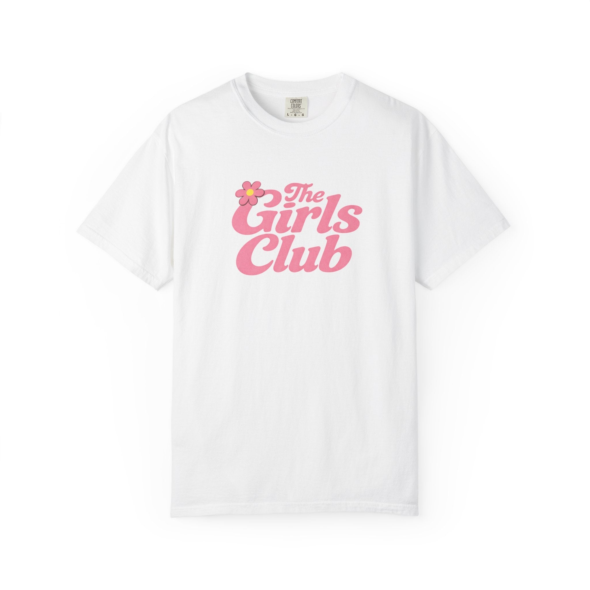 White t-shirt with 'The Girls Club' text in pink on a white background