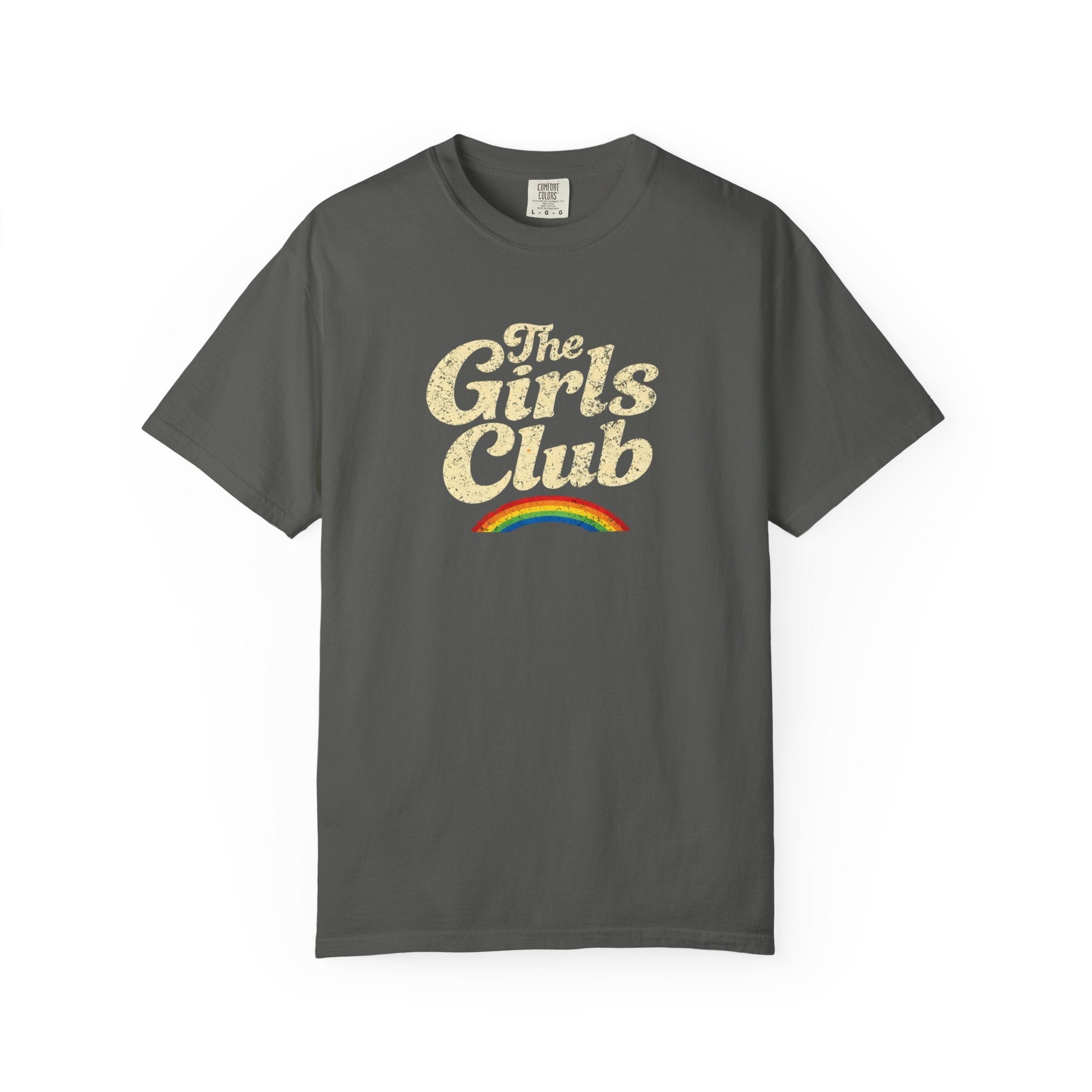 Gray t-shirt with 'The Girls Club' text and rainbow on a white background