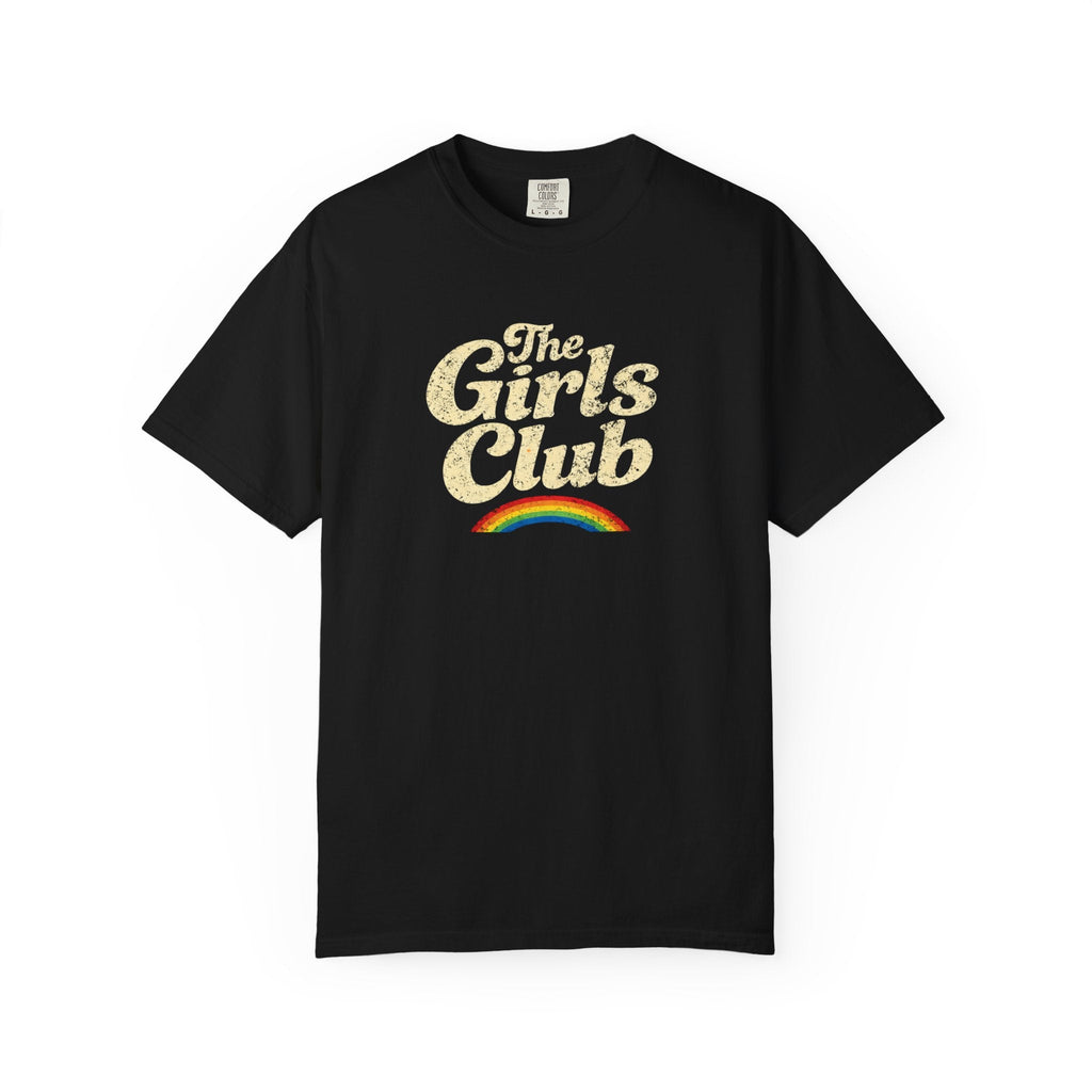 Black trendy graphic t-shirt with "The Girls Club" text on a white background