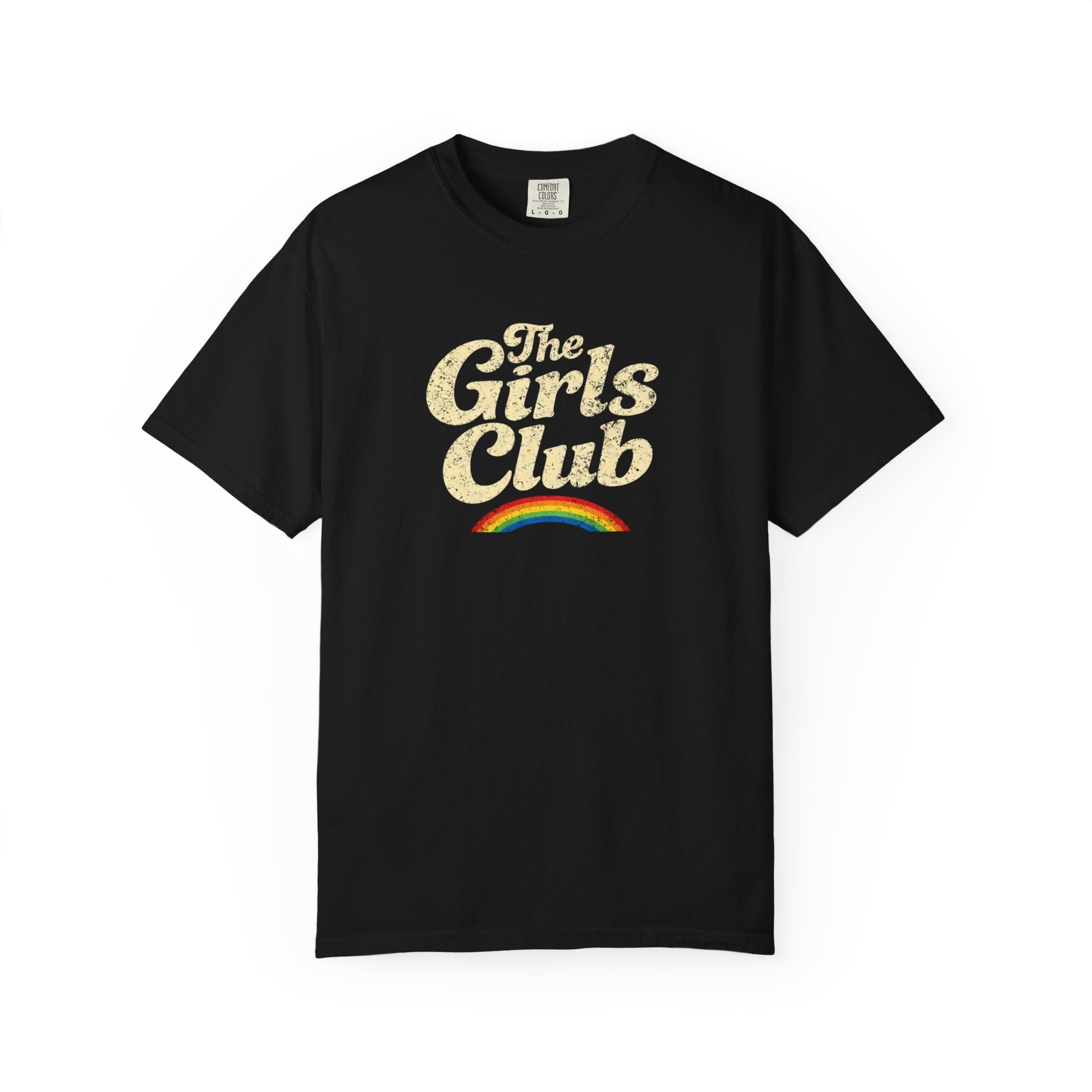 Black trendy graphic t-shirt with "The Girls Club" text on a white background