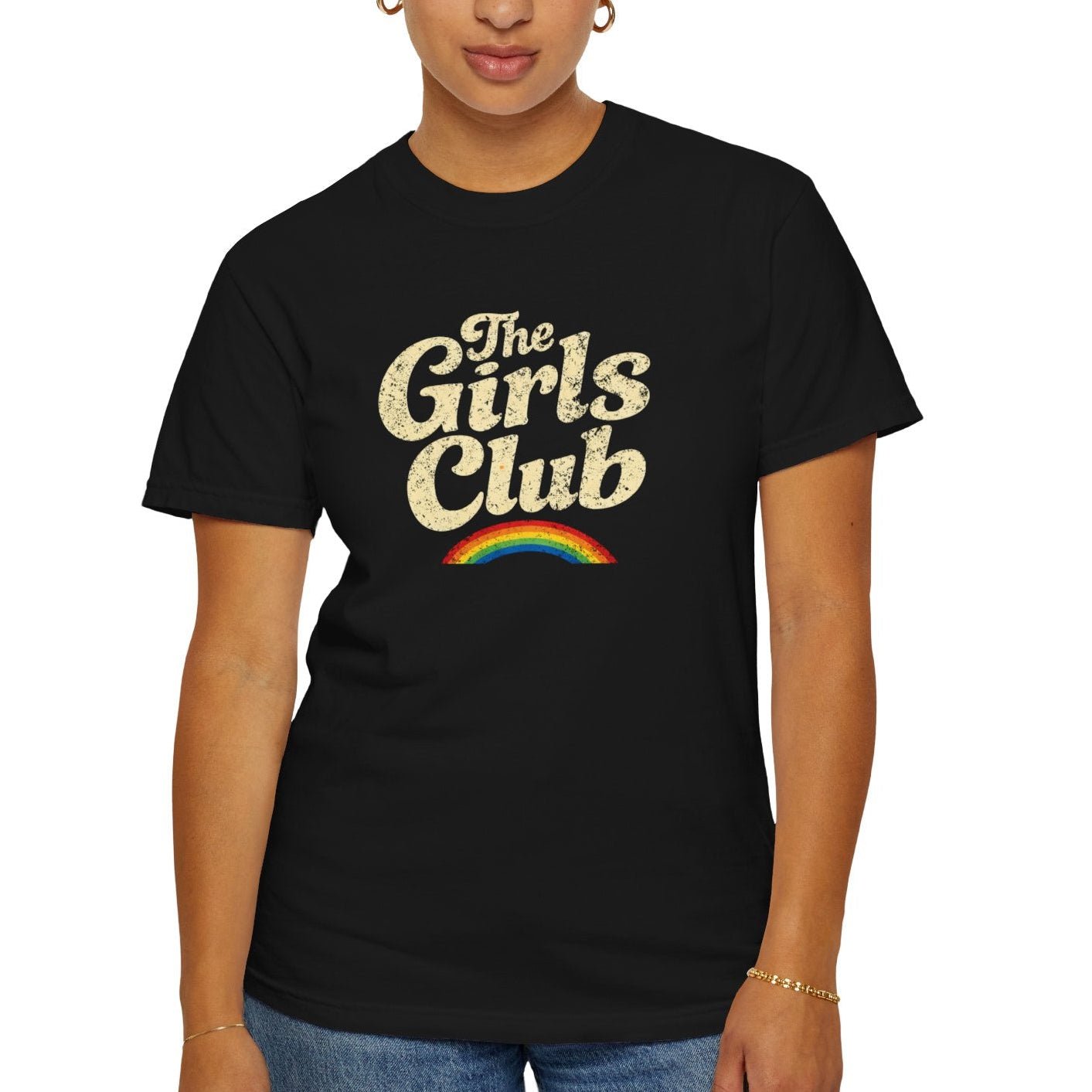 Black statement t-shirt with 'The Girls Club' text and rainbow design on a white background