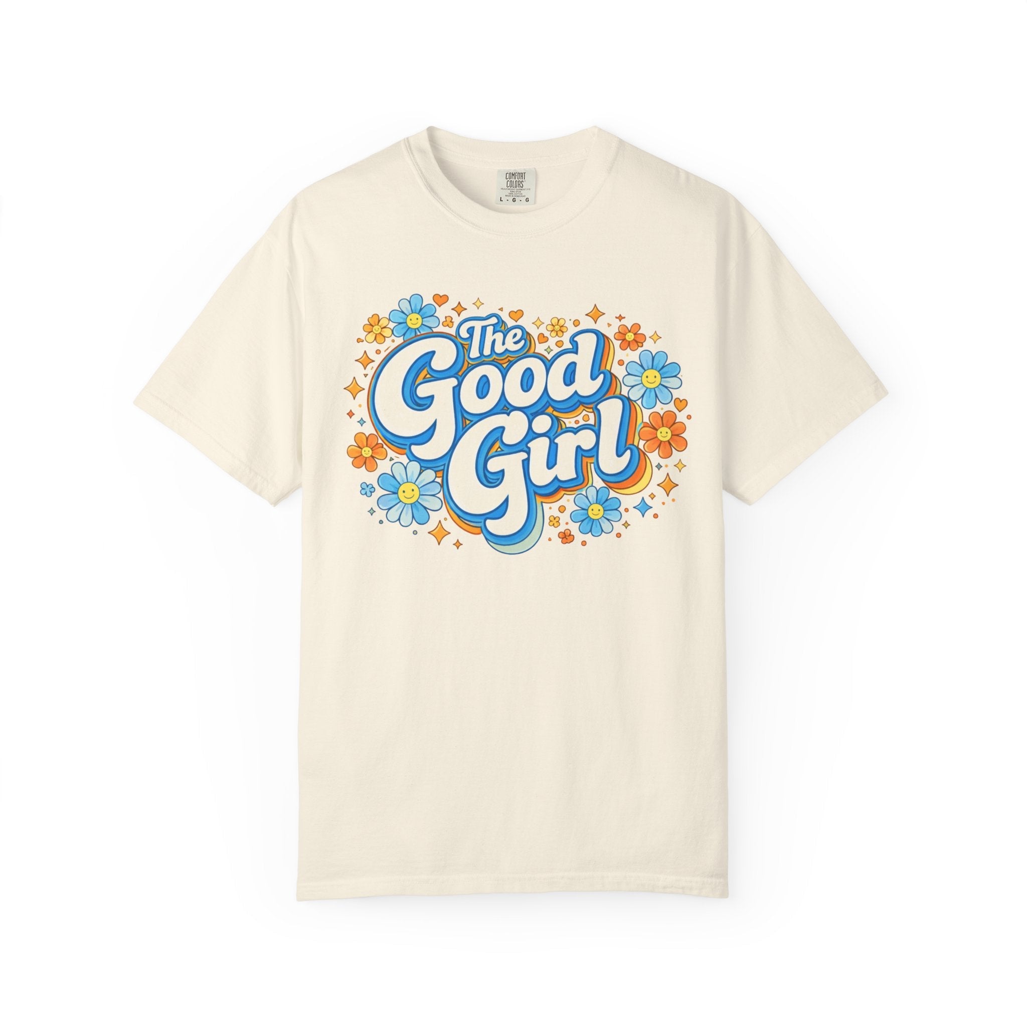 Beige t-shirt with 'The Good Girl' graphic design on a white background