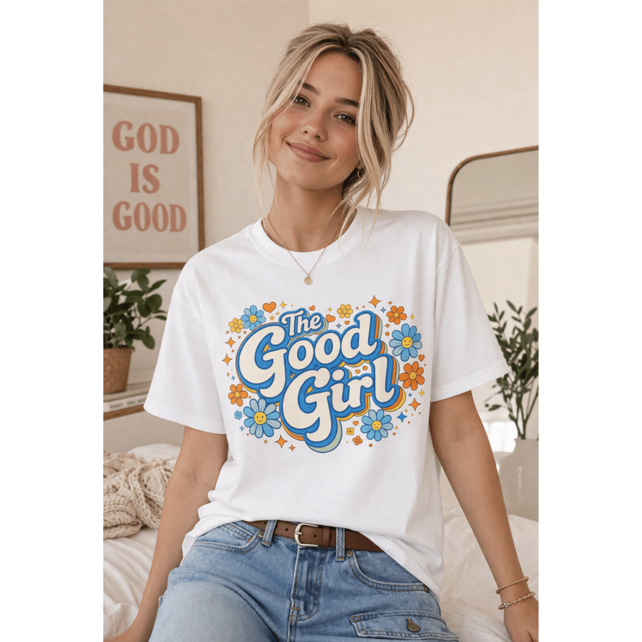 Woman wearing a white t-shirt with 'The Good Girl' design in a casual home setting.