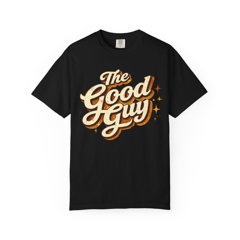 Black t-shirt with vintage 'The Good Guy' text design on a white background by Relatable Designs.