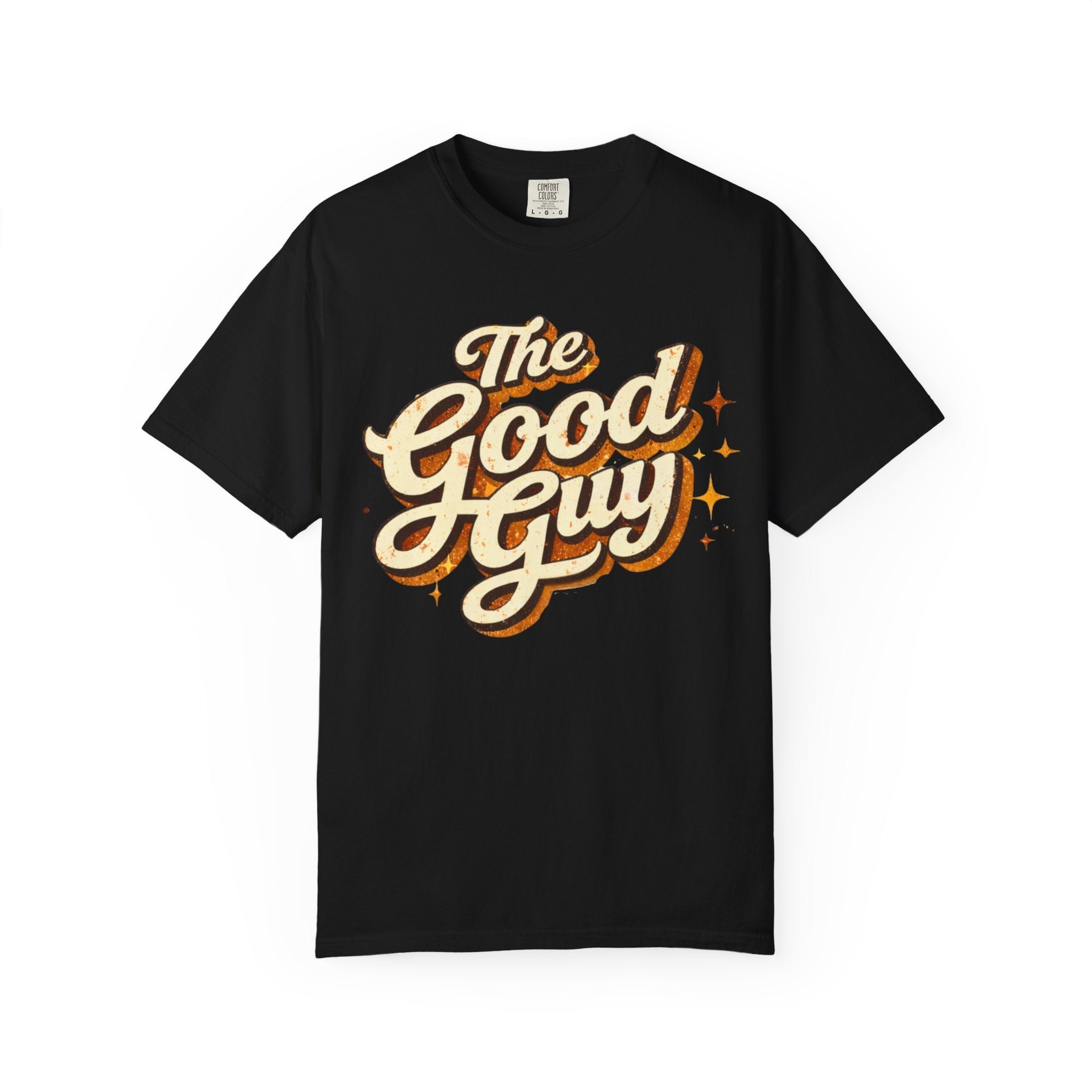 Black t-shirt with vintage 'The Good Guy' text design on a white background by Relatable Designs.