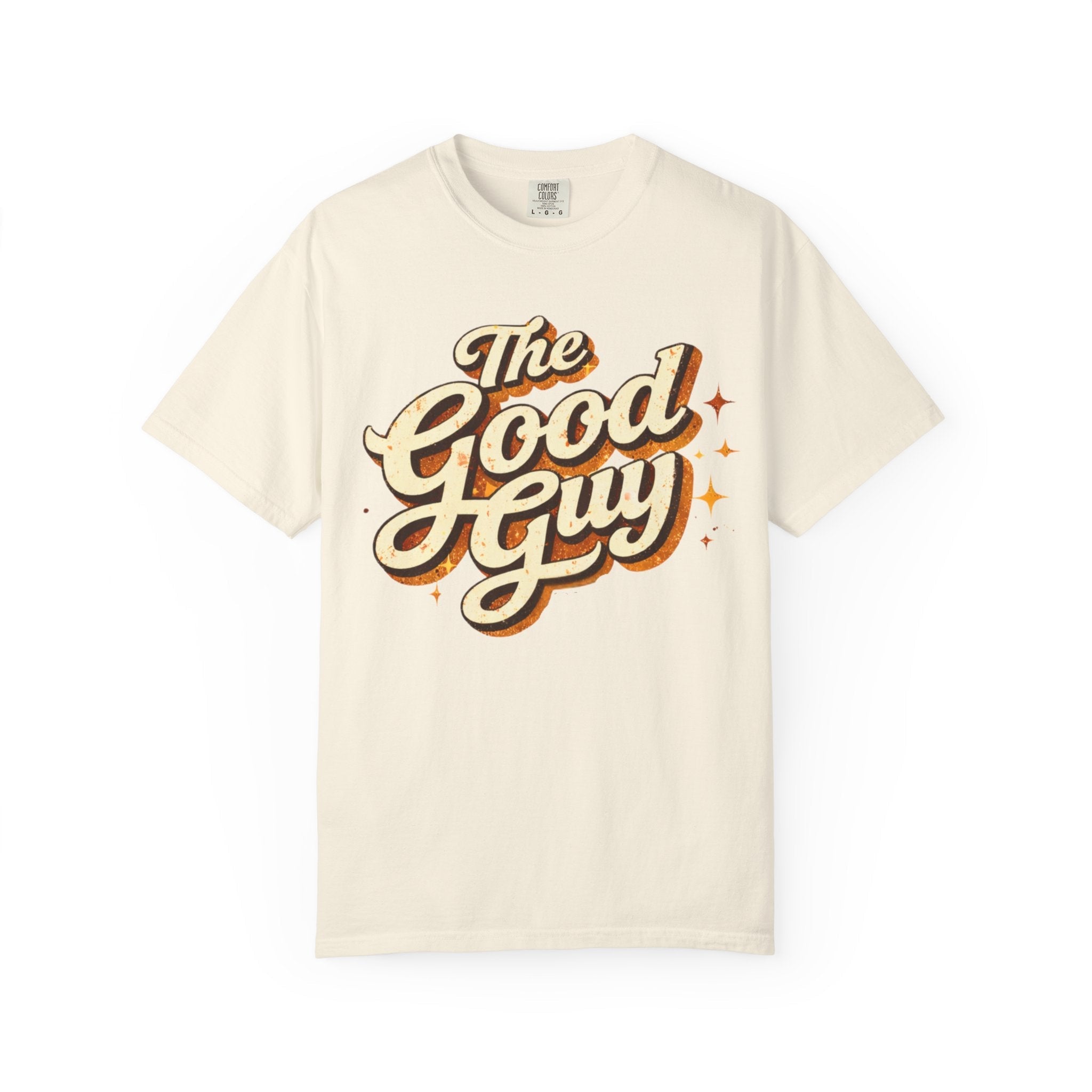 Beige t-shirt with 'The Good Guy' text on a white background