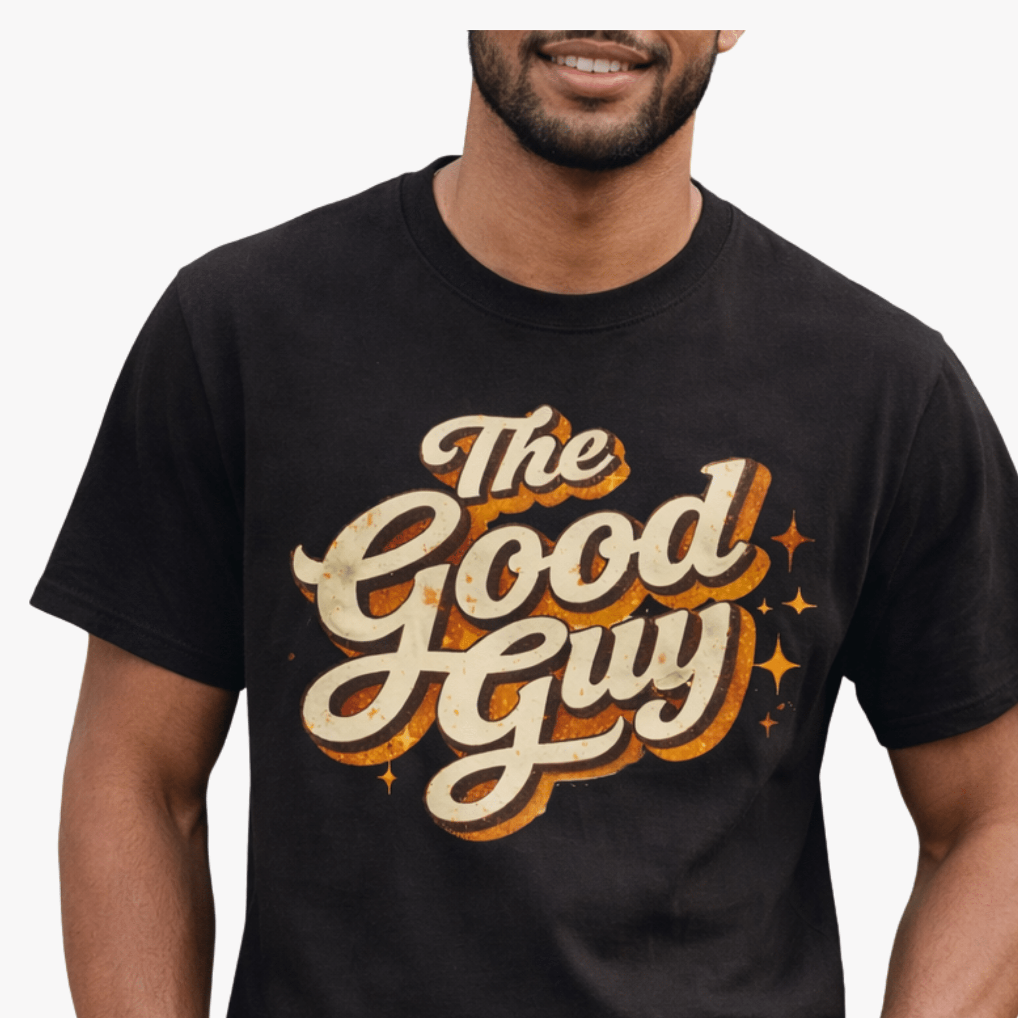 Person wearing a black t-shirt with 'The Good Guy' text design by Relatable Designs