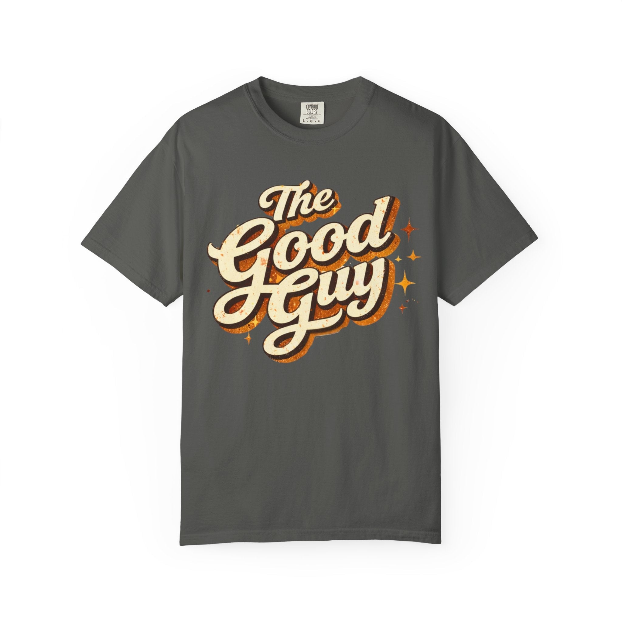 Gray t-shirt with 'The Good Guy' text design on a white background Relatable Designs.