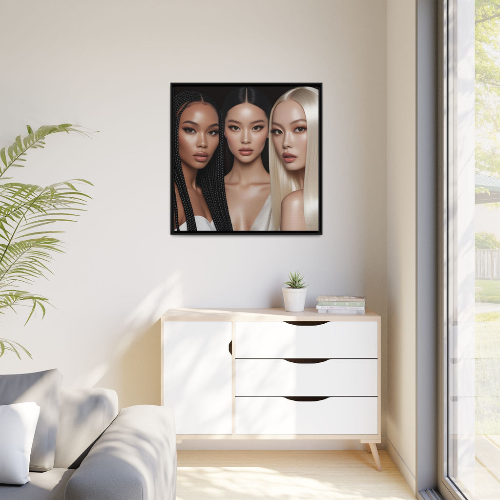 Modern artwork with a white cabinet and decorative wall art featuring three women models.