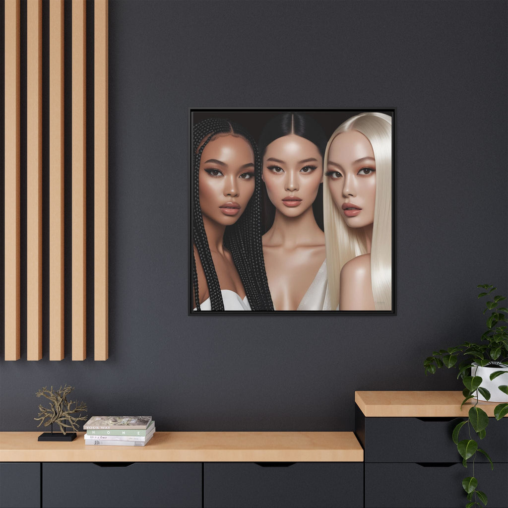 Framed canvas artwork of three women with different hair colors on a dark wall.