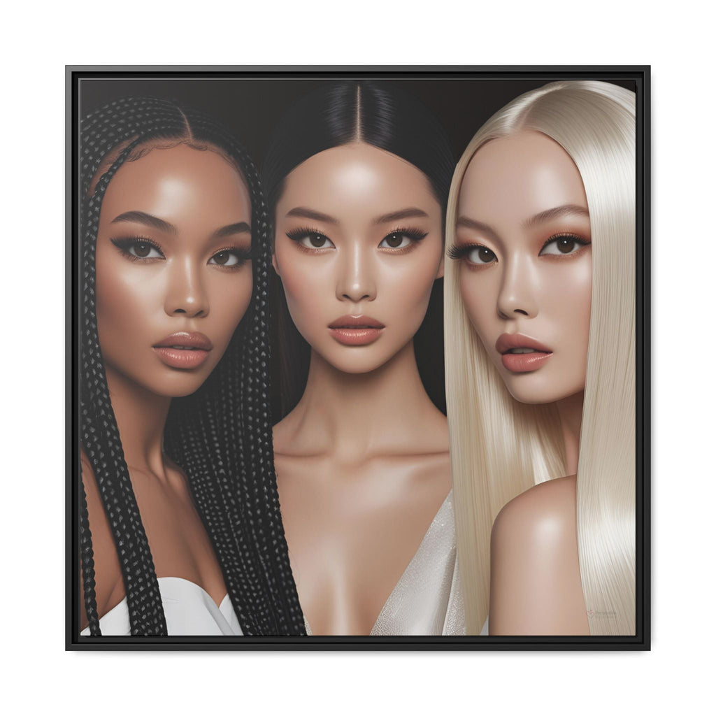 Three fashionable and elegant women with different hair colors in a framed portrait by Relatable Designs.