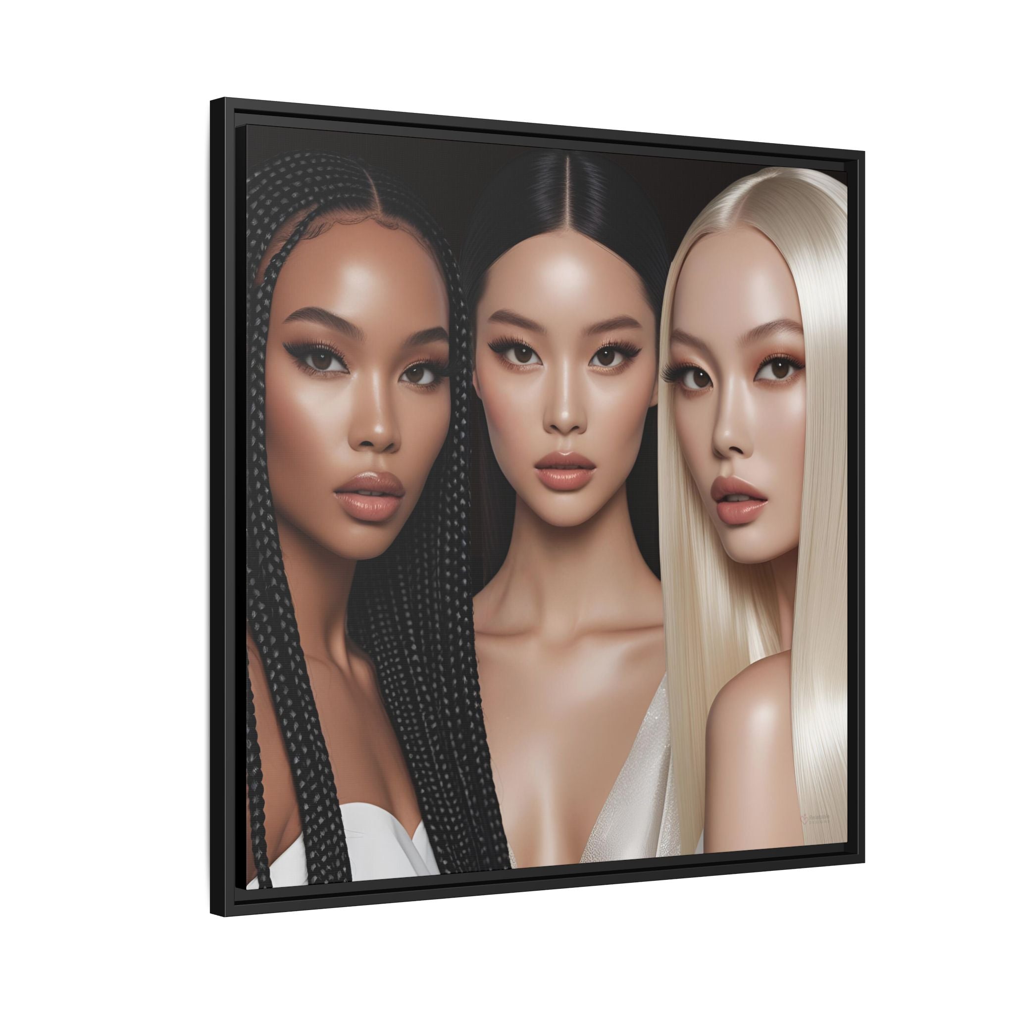 Three beautiful women models with different hair colors in a framed display.