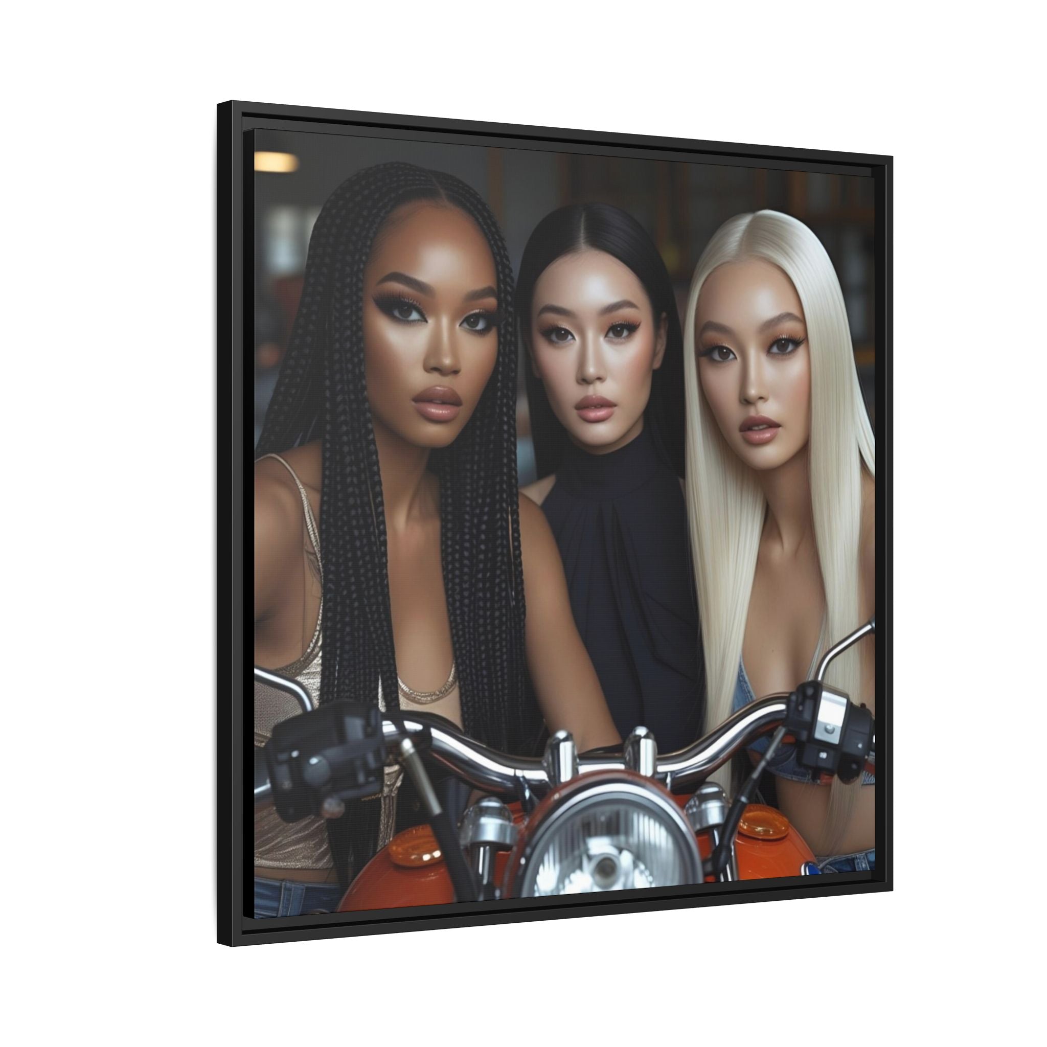 Framed artwork of three women with a motorcycle in the foreground.