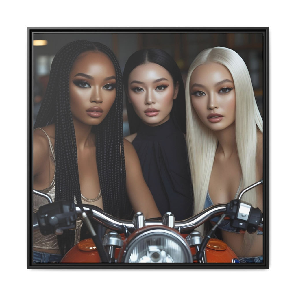 Three women with different hair colors posing on a red motorcycle by Relatable Designs.