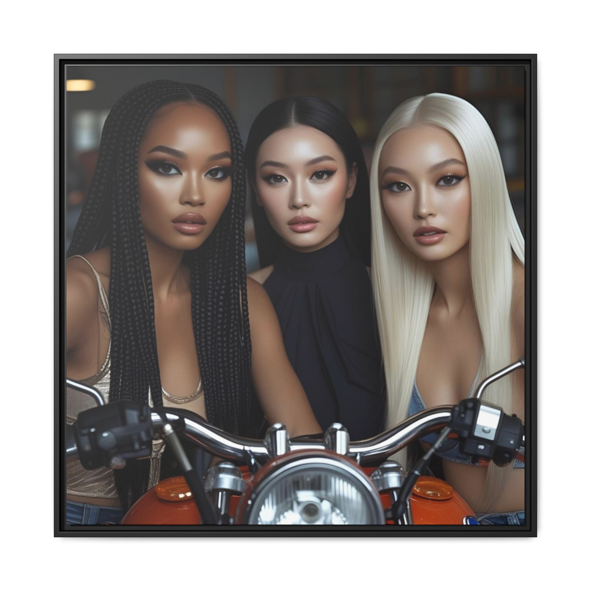 Three women with different hair colors posing on a red motorcycle by Relatable Designs.