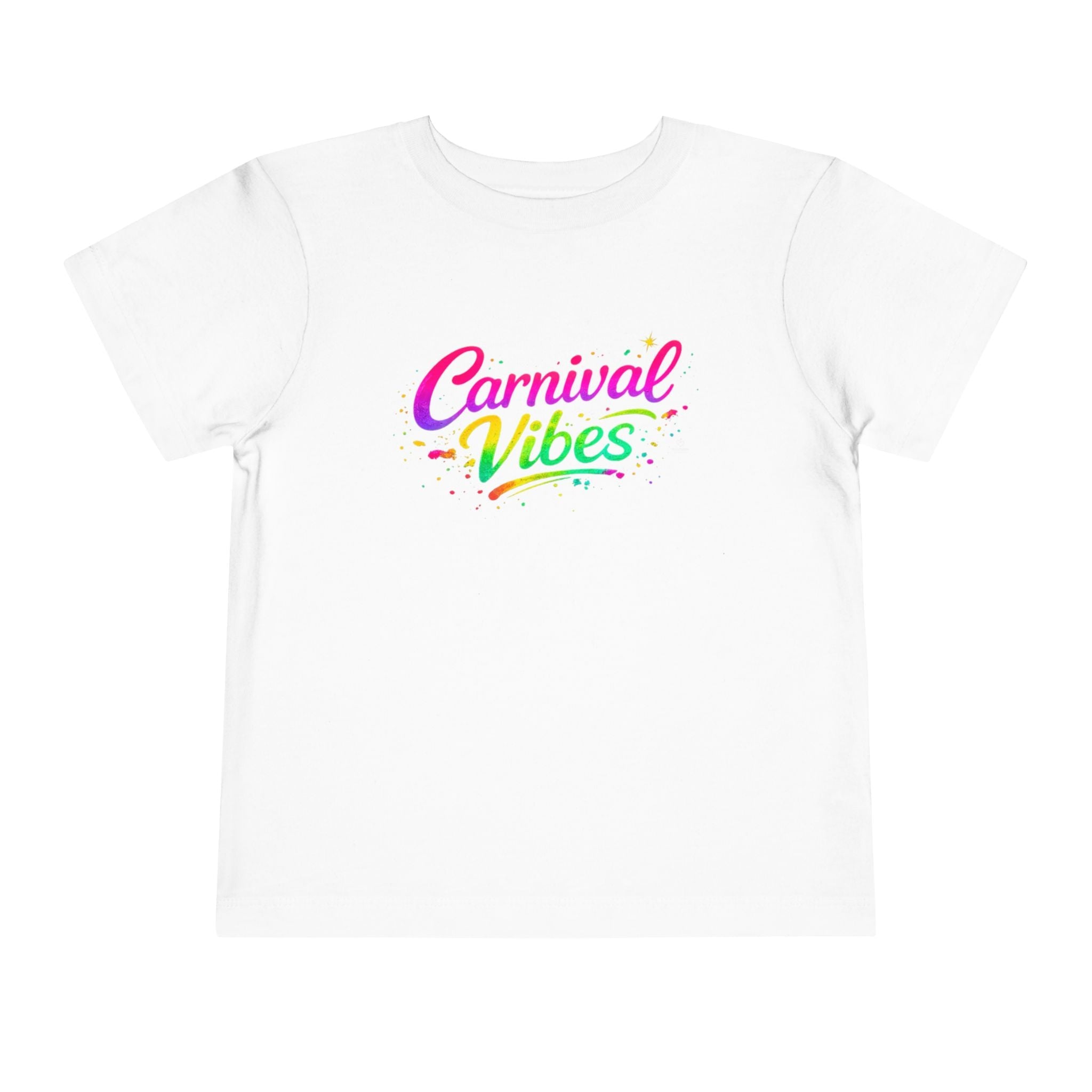 Toddler festival white t-shirt with 'Carnival Vibes' text in colorful letters on a white background by Relatable Designs.