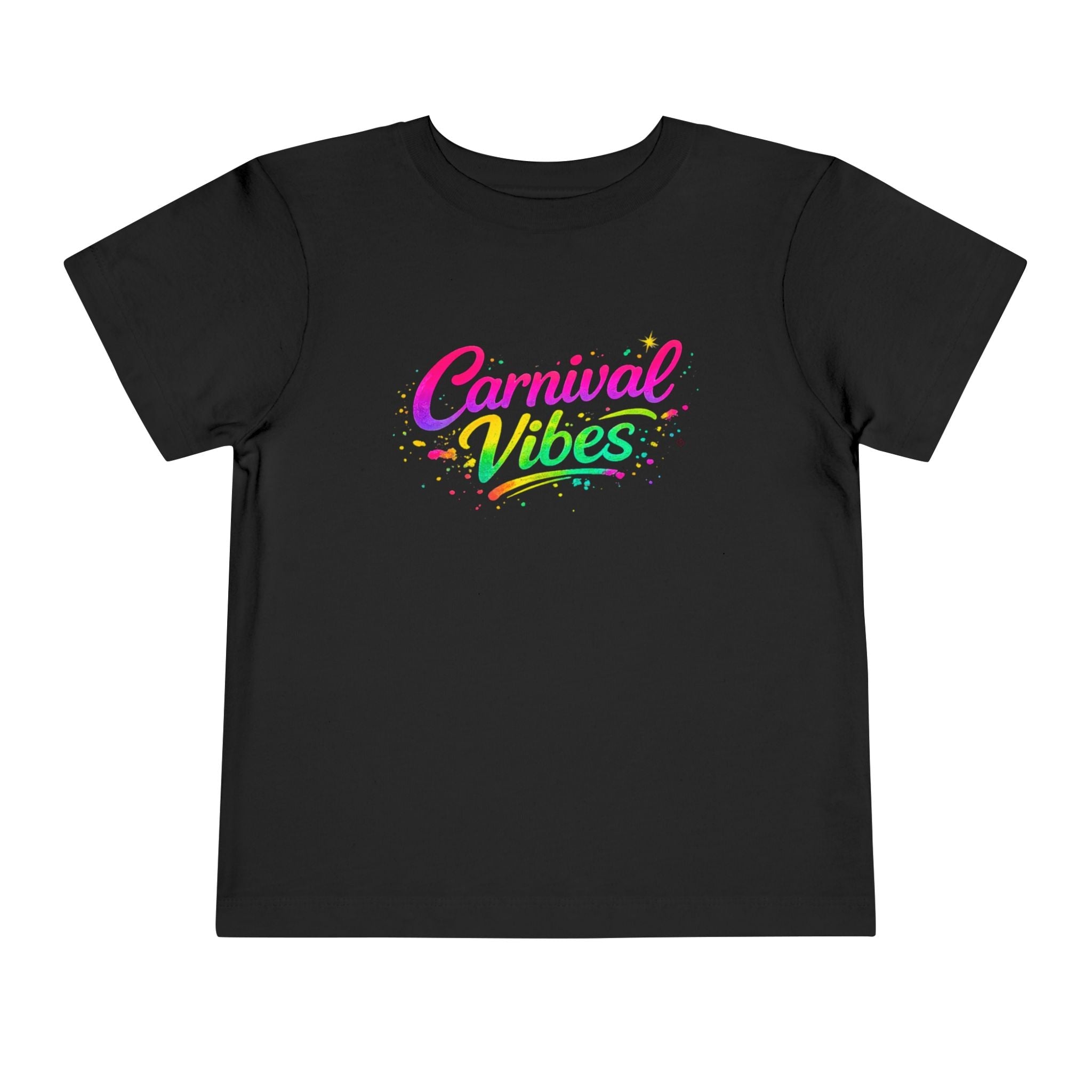Festive toddler black t-shirt with 'Carnival Vibes' text in colorful letters on a white background by Relatable Designs.