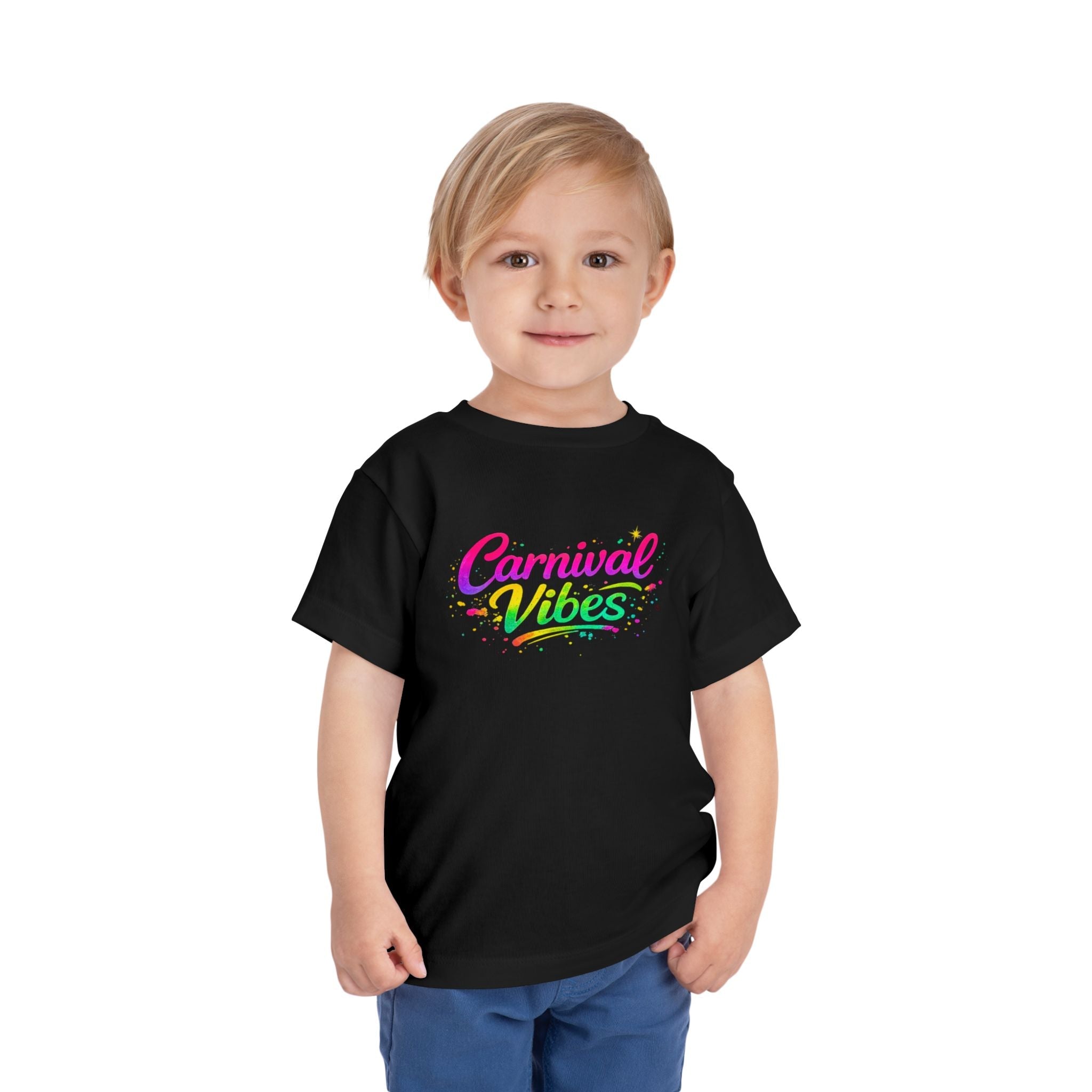 Child wearing a black t-shirt with 'Carnival Vibes' text on a white background.