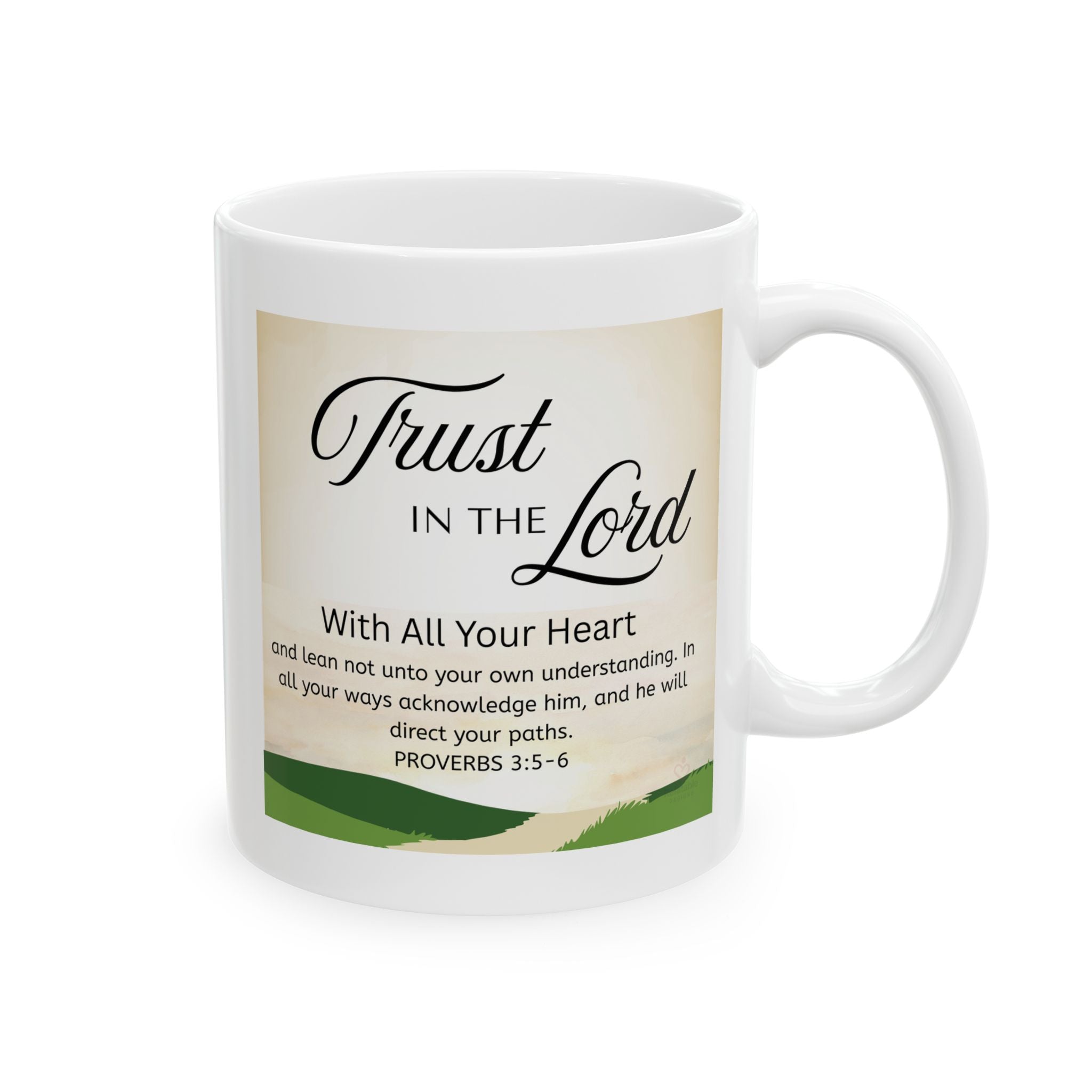 White mug with motivational quote - Trust In The Lord - on a white background by Relatable Designs