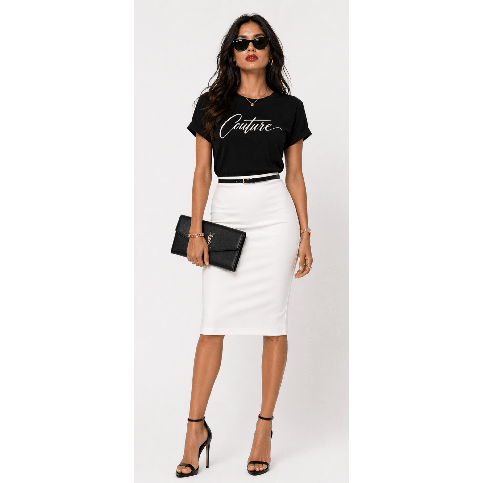 Couture script black graphic tee styled with white skirt and black open toe stilettos