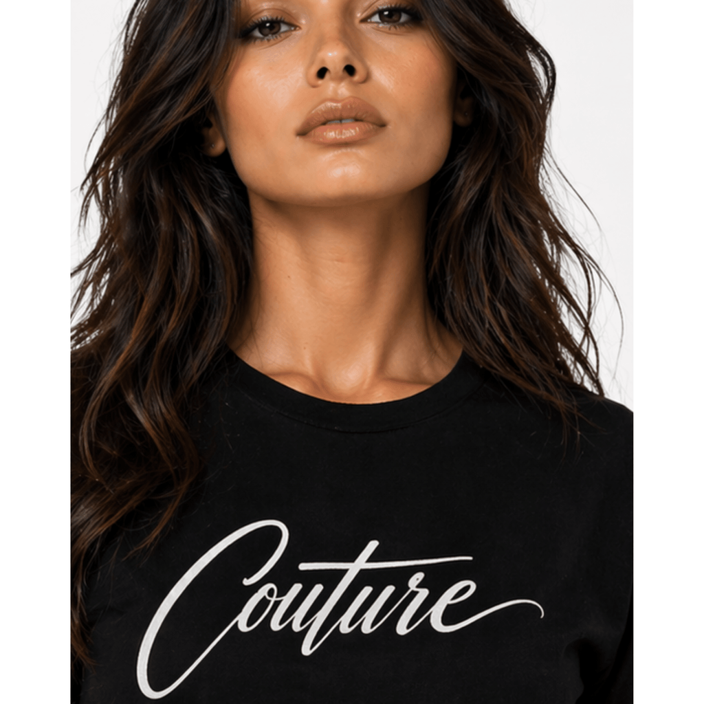 Woman wearing black couture script graphic tee close-up minimalist fashion by Relatable Designs