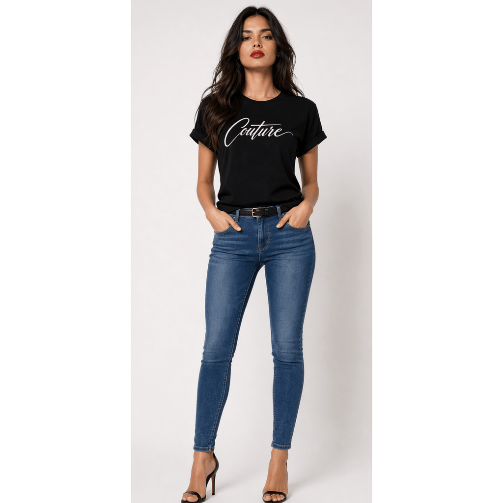 Full body model styling couture script t-shirt with denim jeans and heels