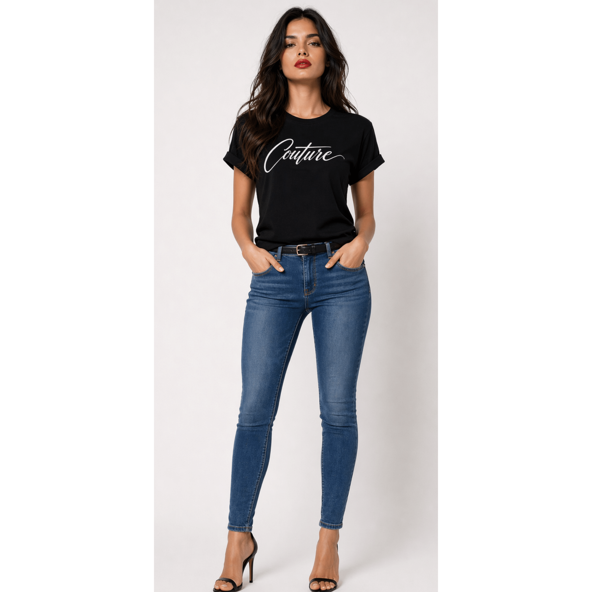 Full body model styling couture script t-shirt with denim jeans and heels