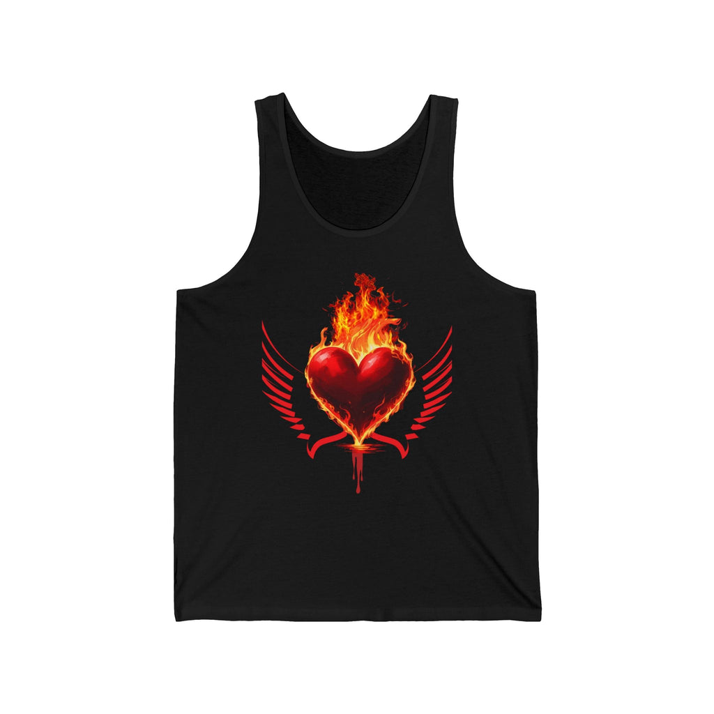 Black tank top with a fiery heart design with wings on a white background