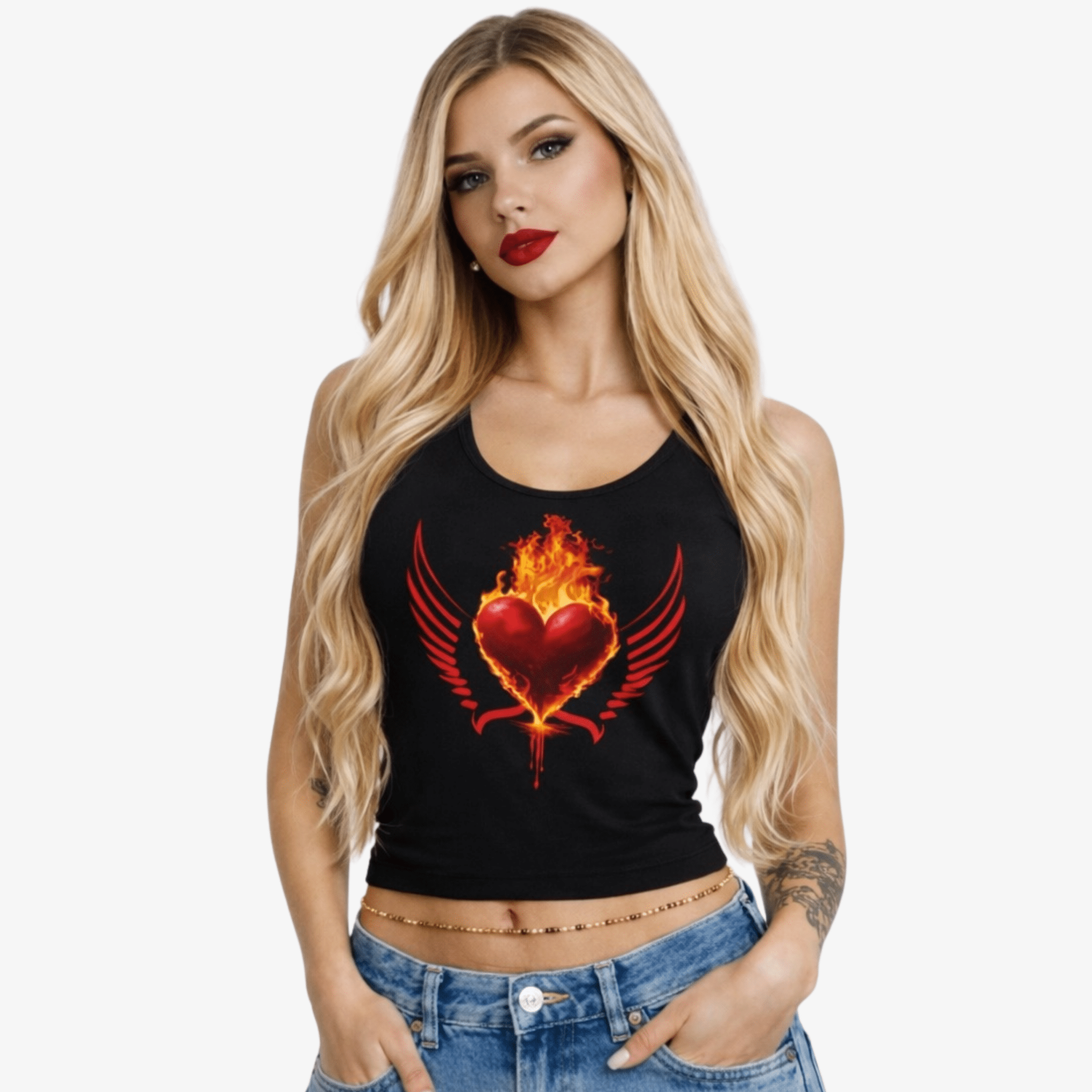 Female model wearing a black tank top with a fiery heart design with wings on a white background