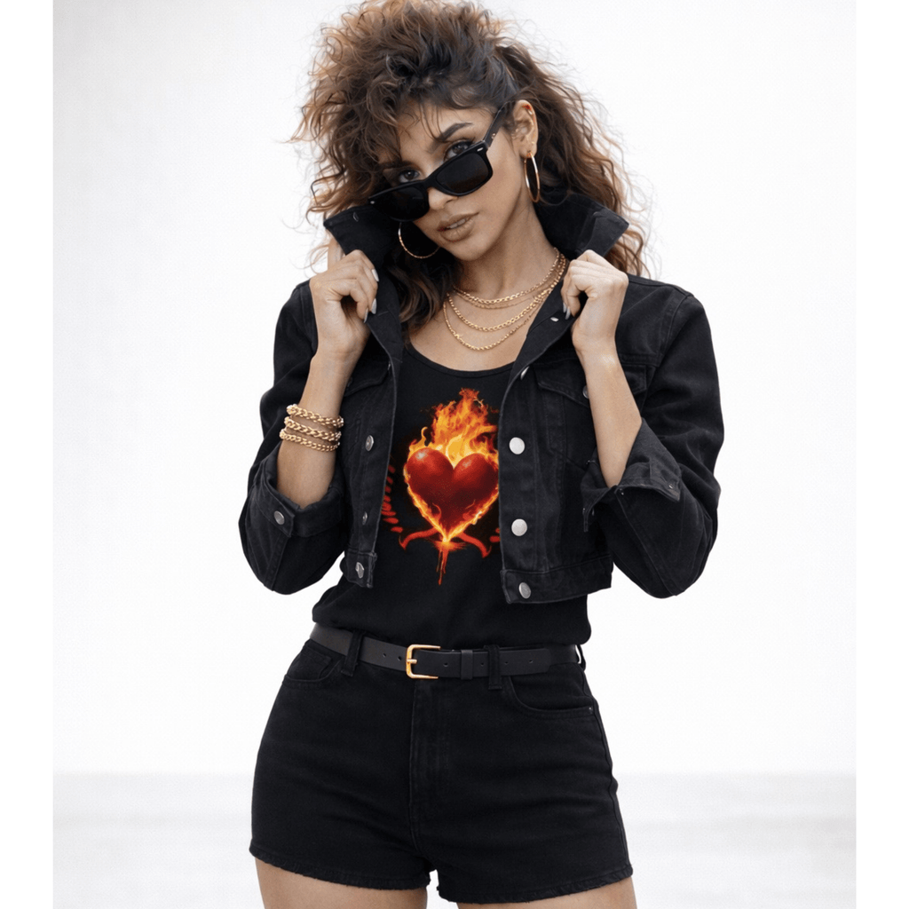 Woman wearing a black jacket with a fiery heart tank on a white background