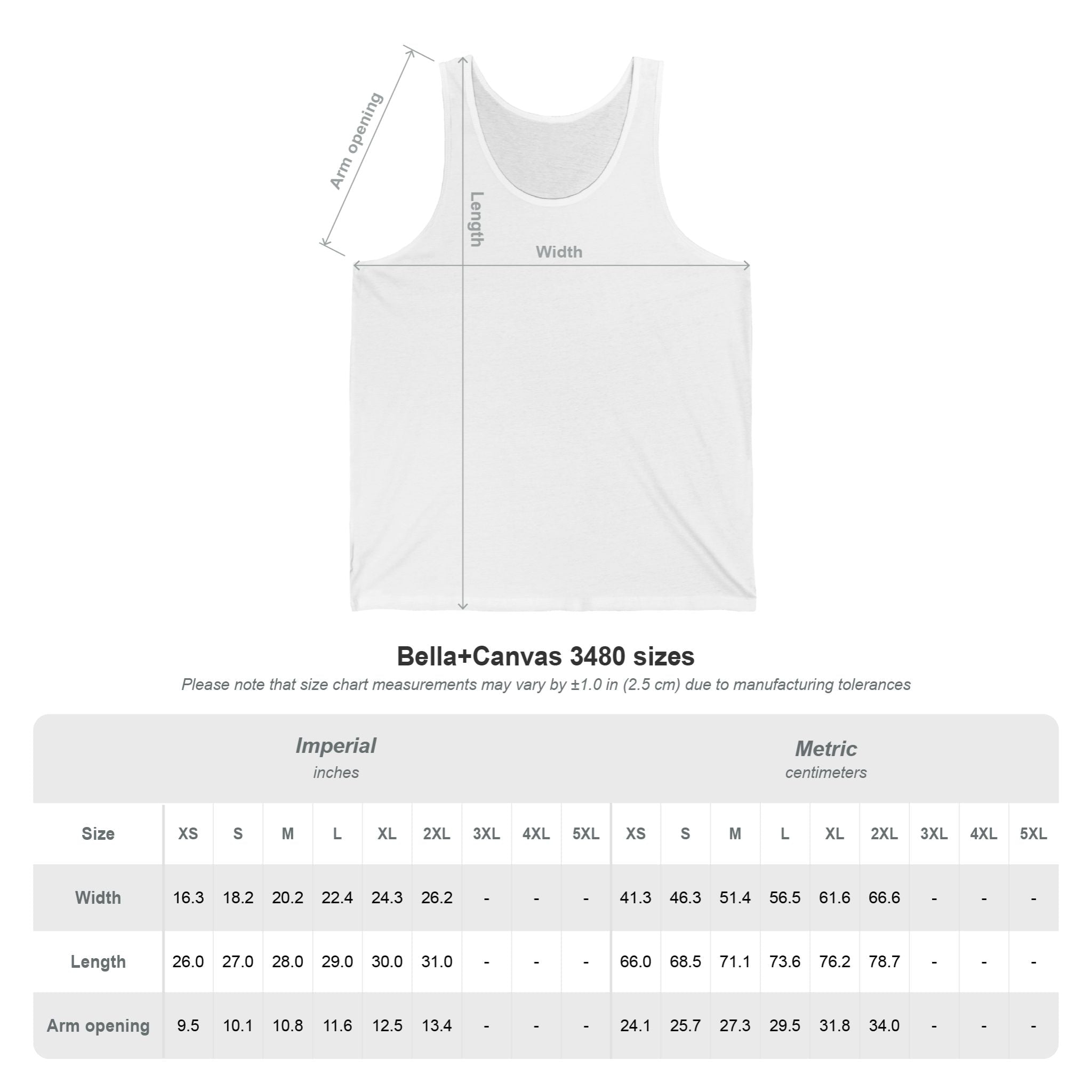 White tank top with measurement chart on a white background - Unisex Jersey Tank | Heart of Flames by Relatable Designs