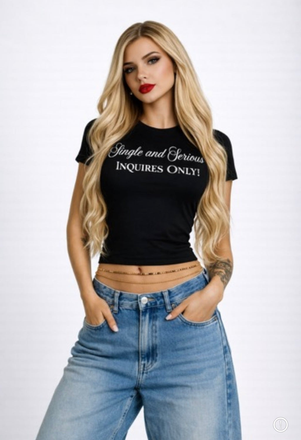 Woman wearing a black t-shirt with text 'Single and Serious Inquires Only!' and blue jeans on a white background