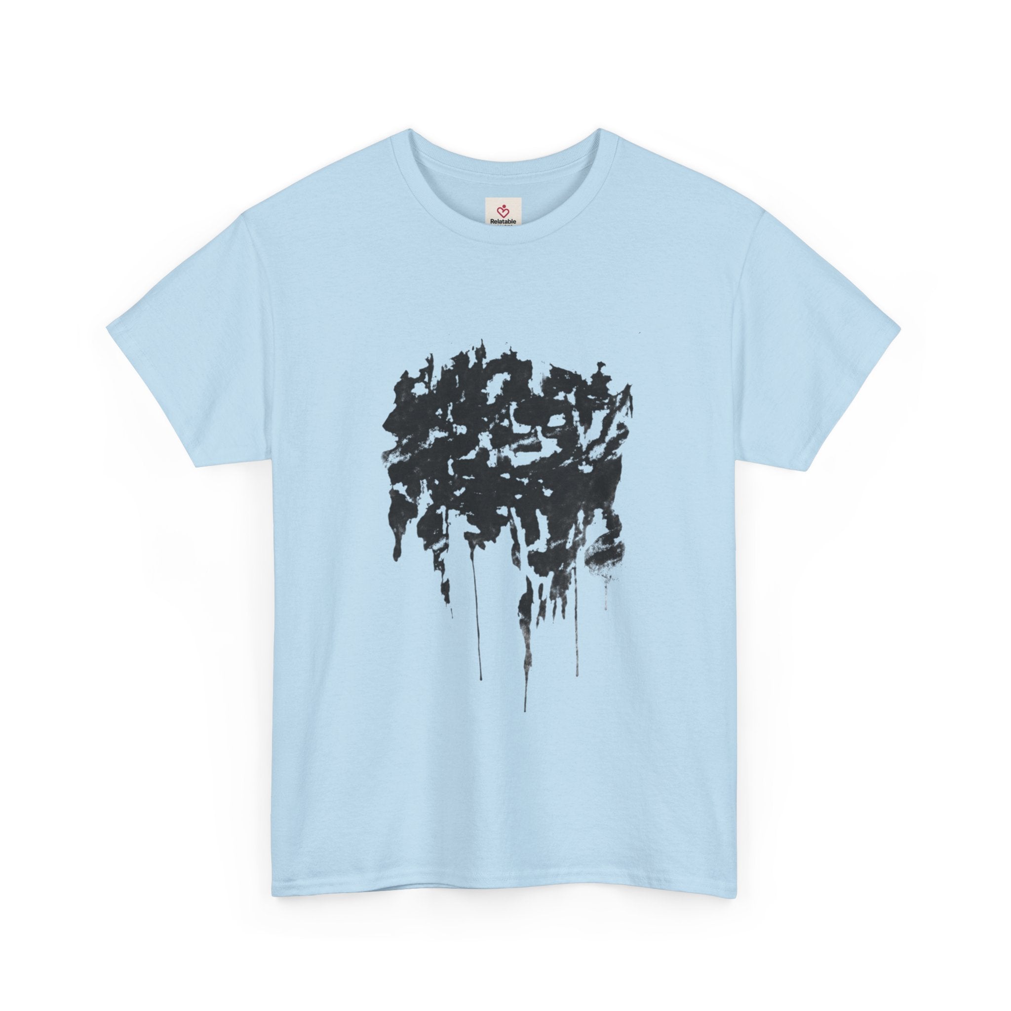 Relatable Designs blue t-shirt with abstract heart graphic design modern statement tee front view product mock-up
