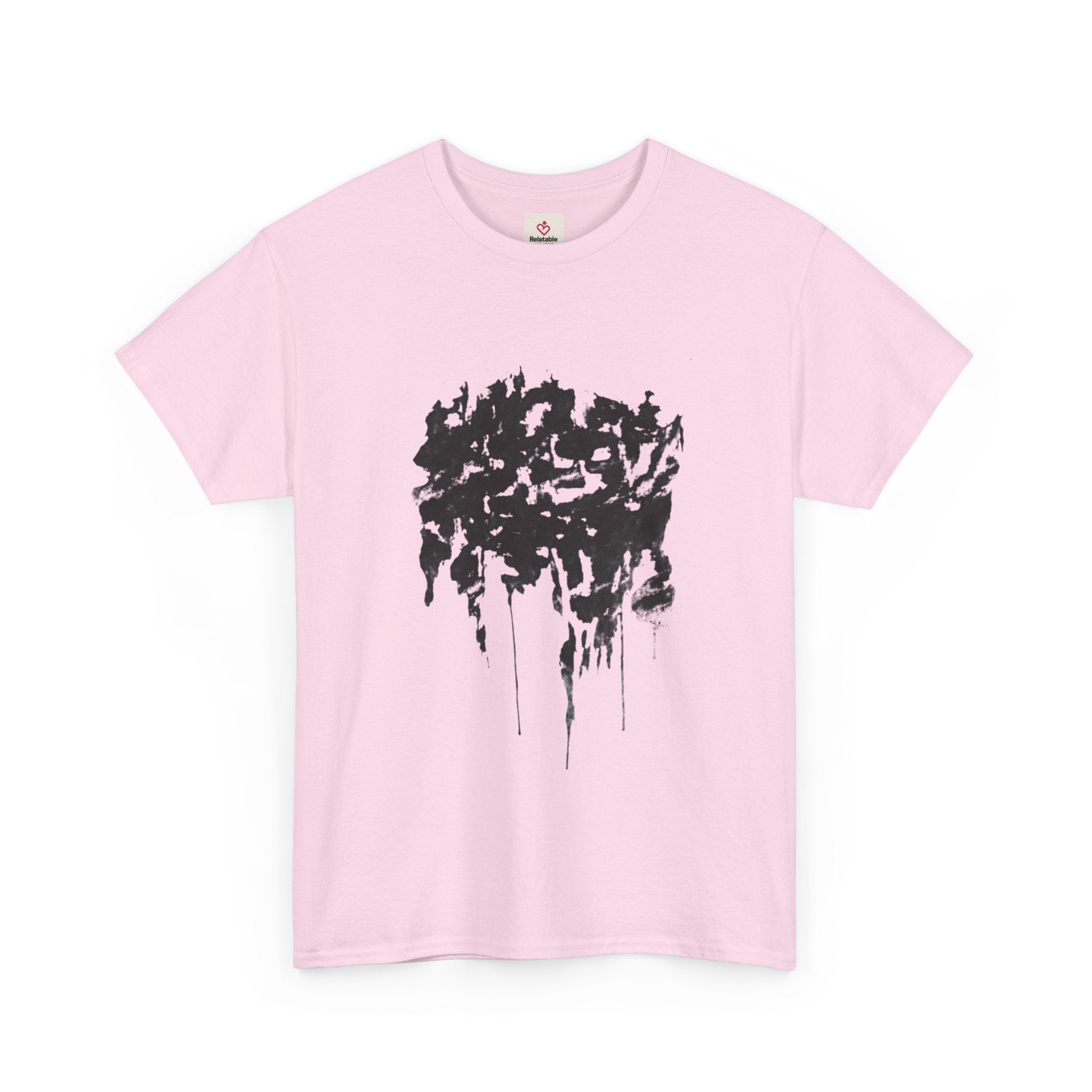 Relatable Designs pink t-shirt with abstract heart graphic design modern statement tee front view product mock-up