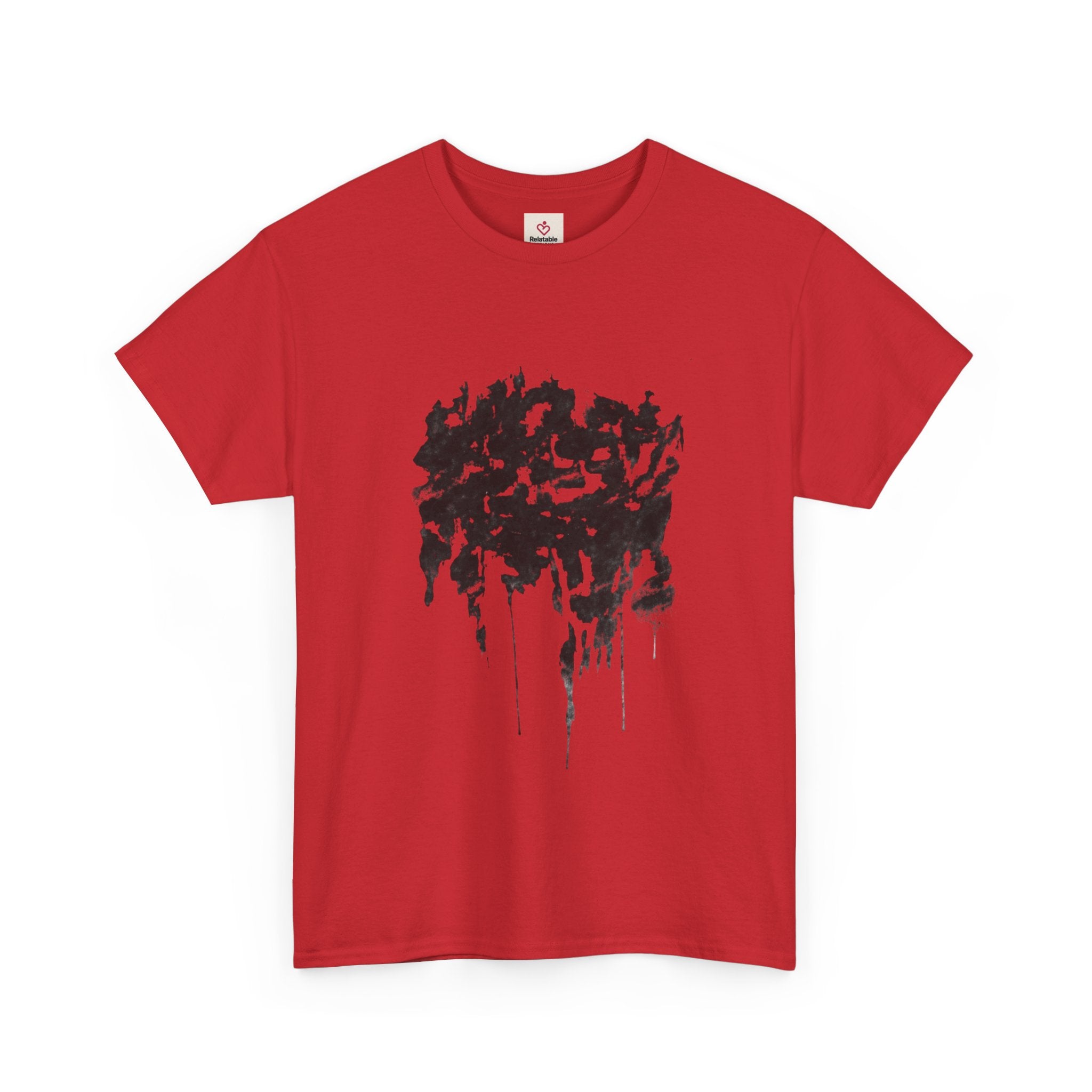 Relatable Designs red t-shirt with abstract heart graphic design modern statement tee front view product mock-up