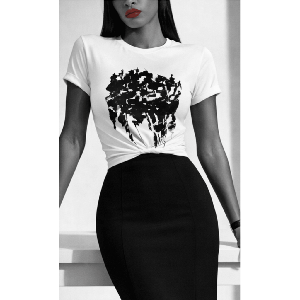 Relatable Designs white graphic t-shirt with abstract heart design styled with black skirt fashion editorial mock-up
