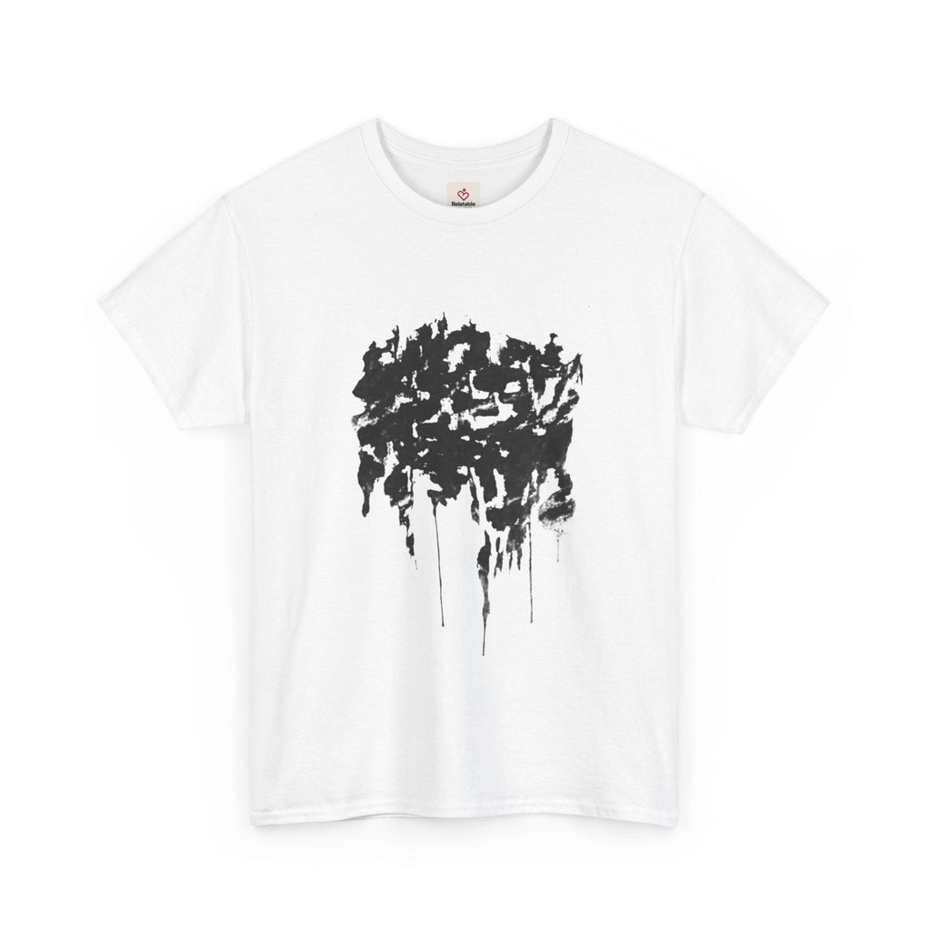 Relatable Designs white t-shirt with abstract heart graphic design modern statement tee front view product mock-up