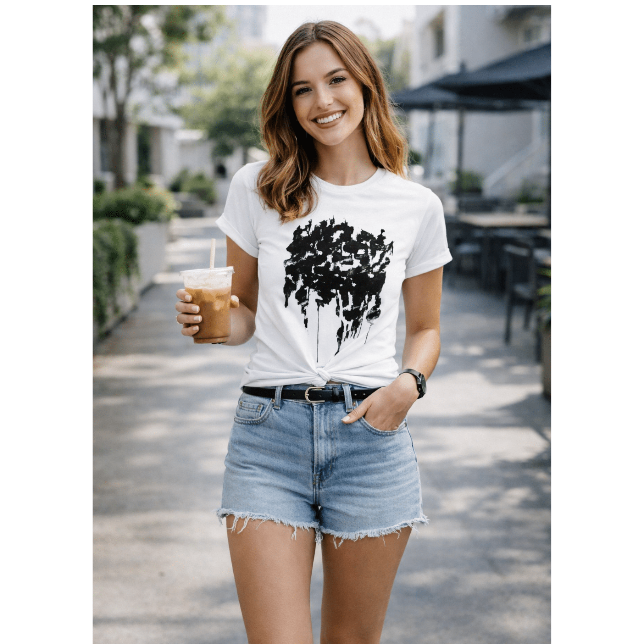Relatable Designs abstract heart graphic t-shirt styled with denim shorts casual summer outfit mock-up