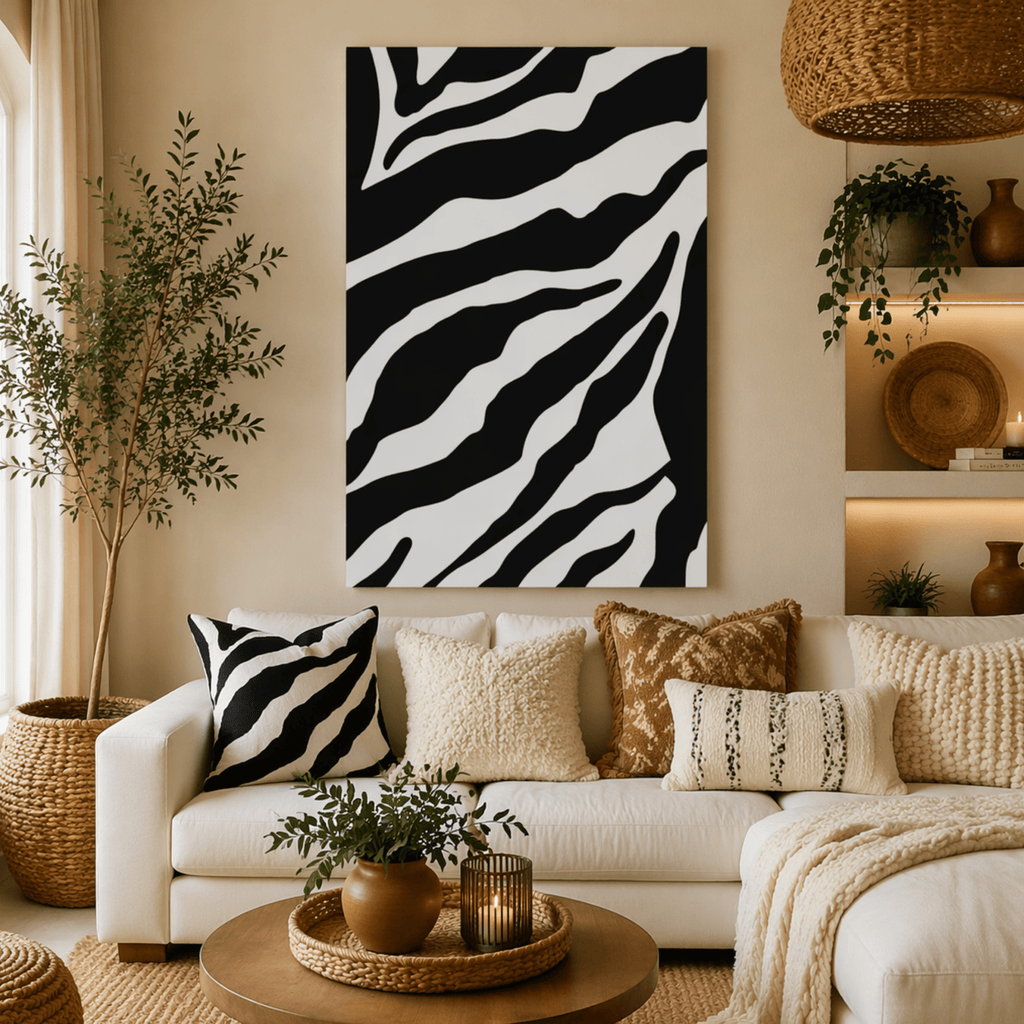 Boho Living room with a zebra pattern wall art above a sofa with decorative pillows.