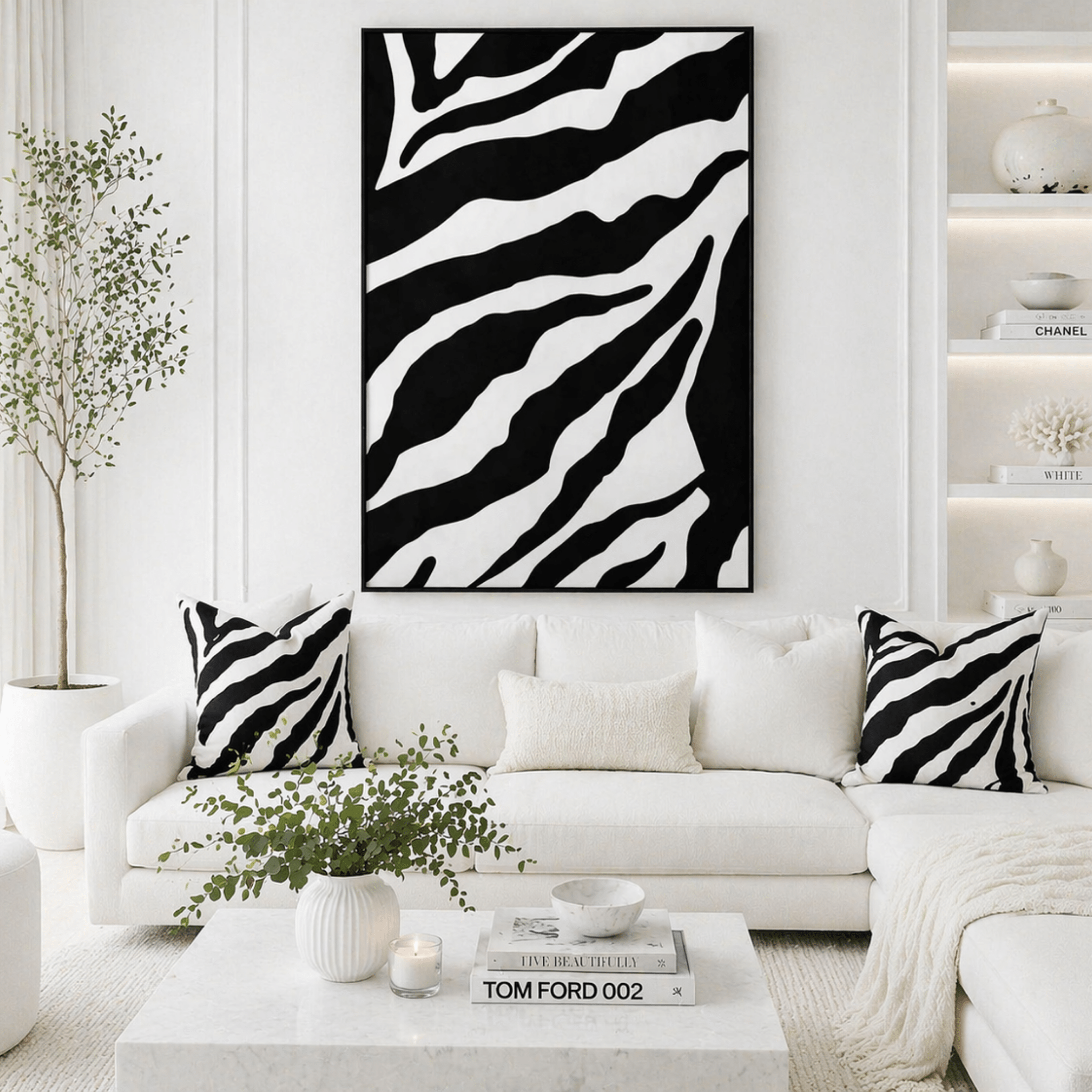 High contrast abstract wall art in black and white styled in a modern neutral interior