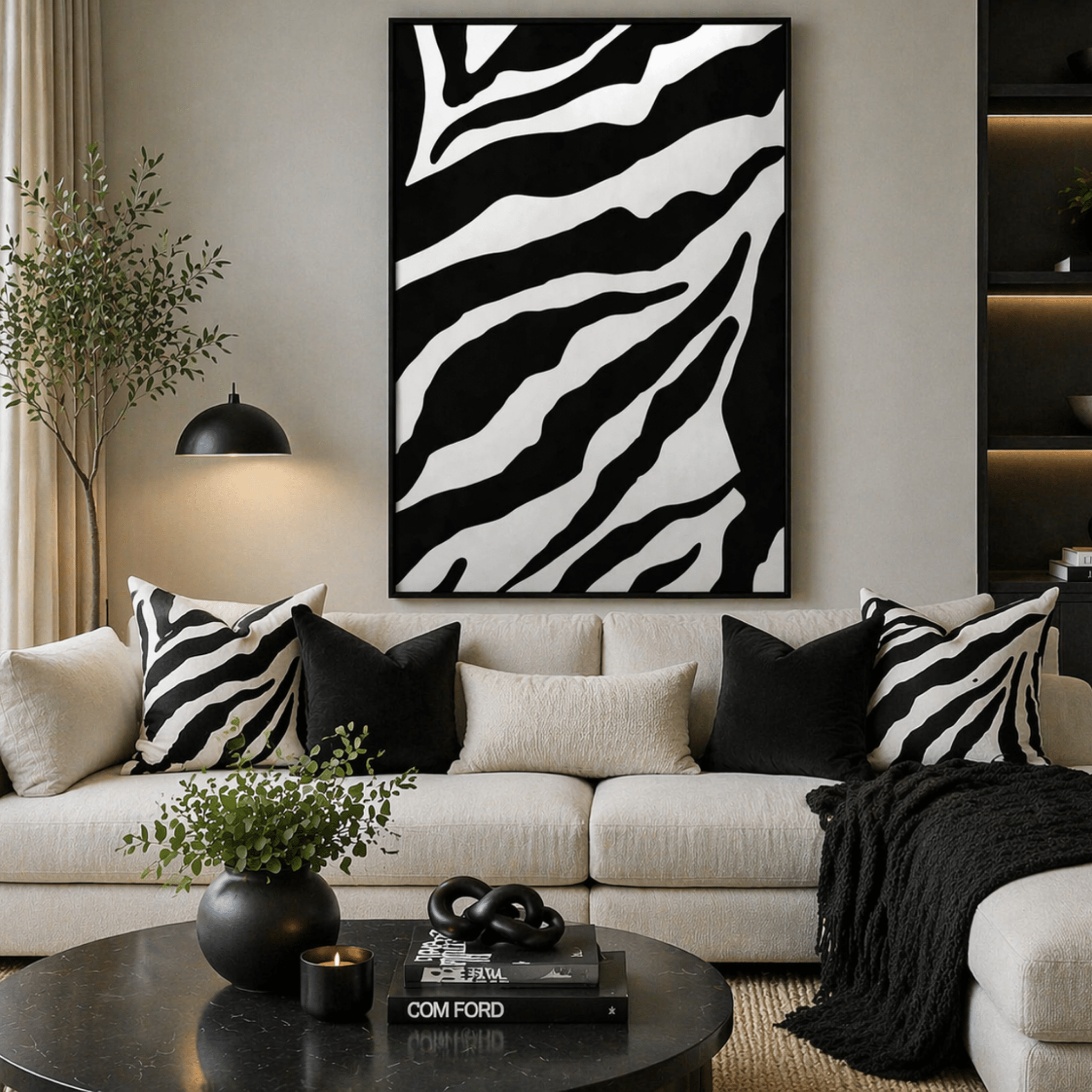 Black and white tiger stripe canvas wall art displayed in a minimalist living room above a sofa