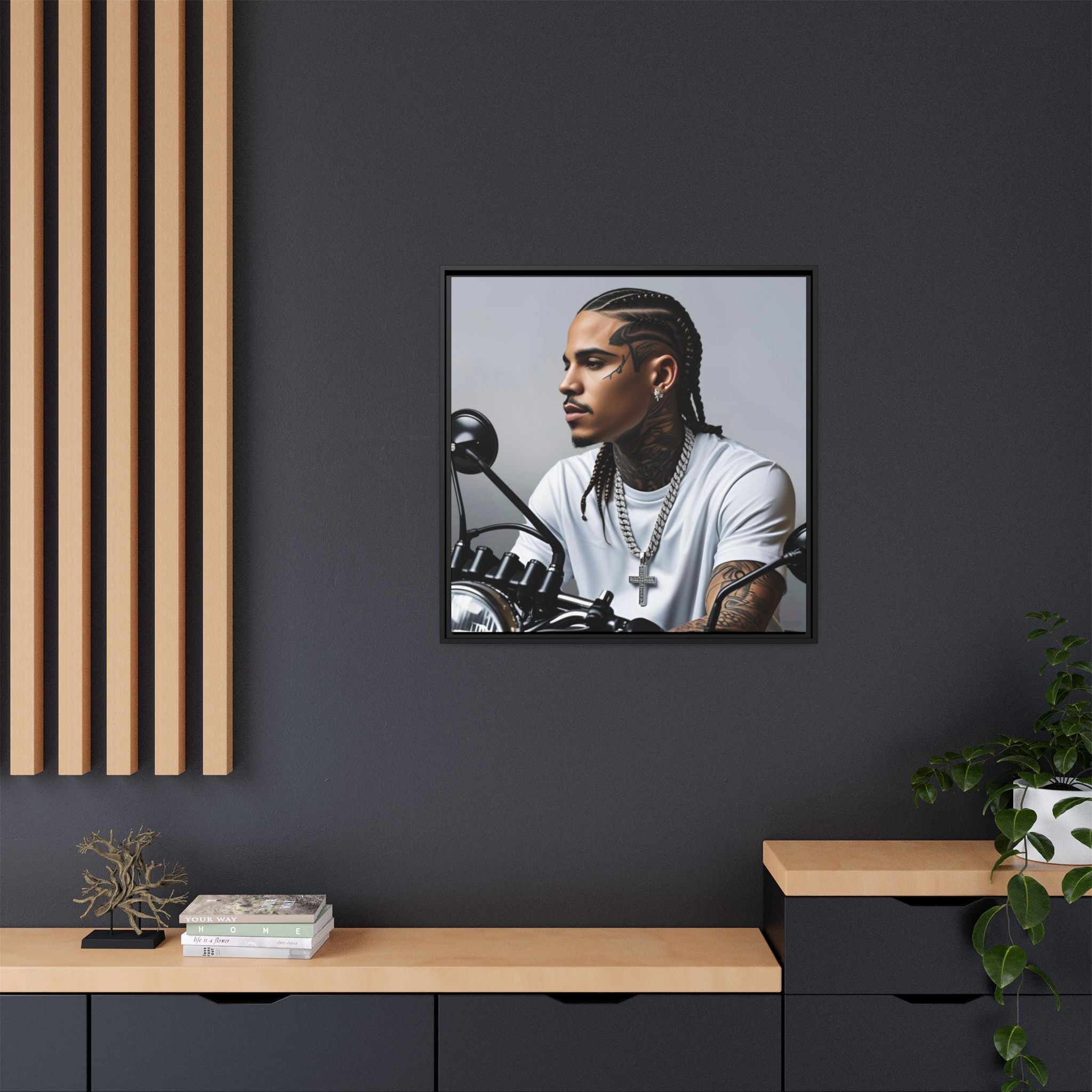 Framed portrait of a biker with tattoos on a dark wall with wooden shelves.