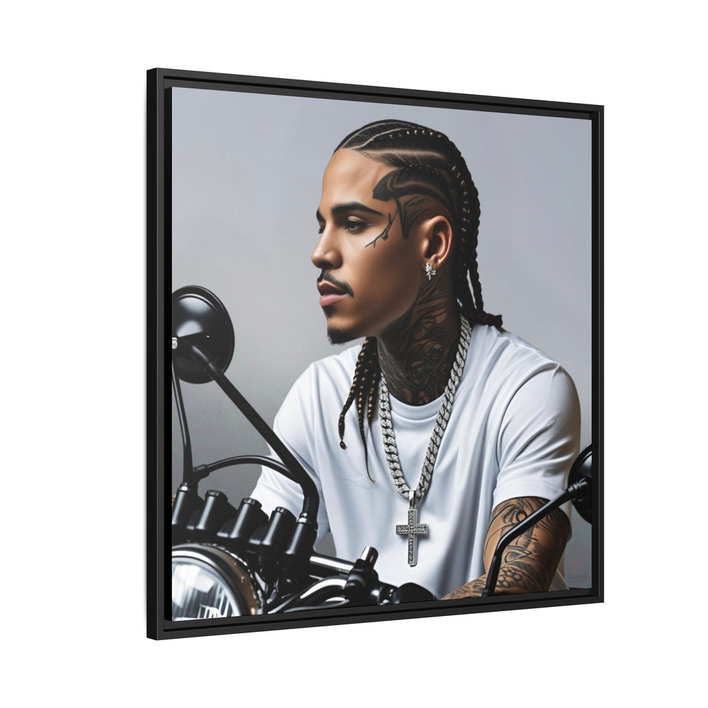 Framed urban wall decor portrait of a biker with braided hair and tattoos sitting on a motorcycle.