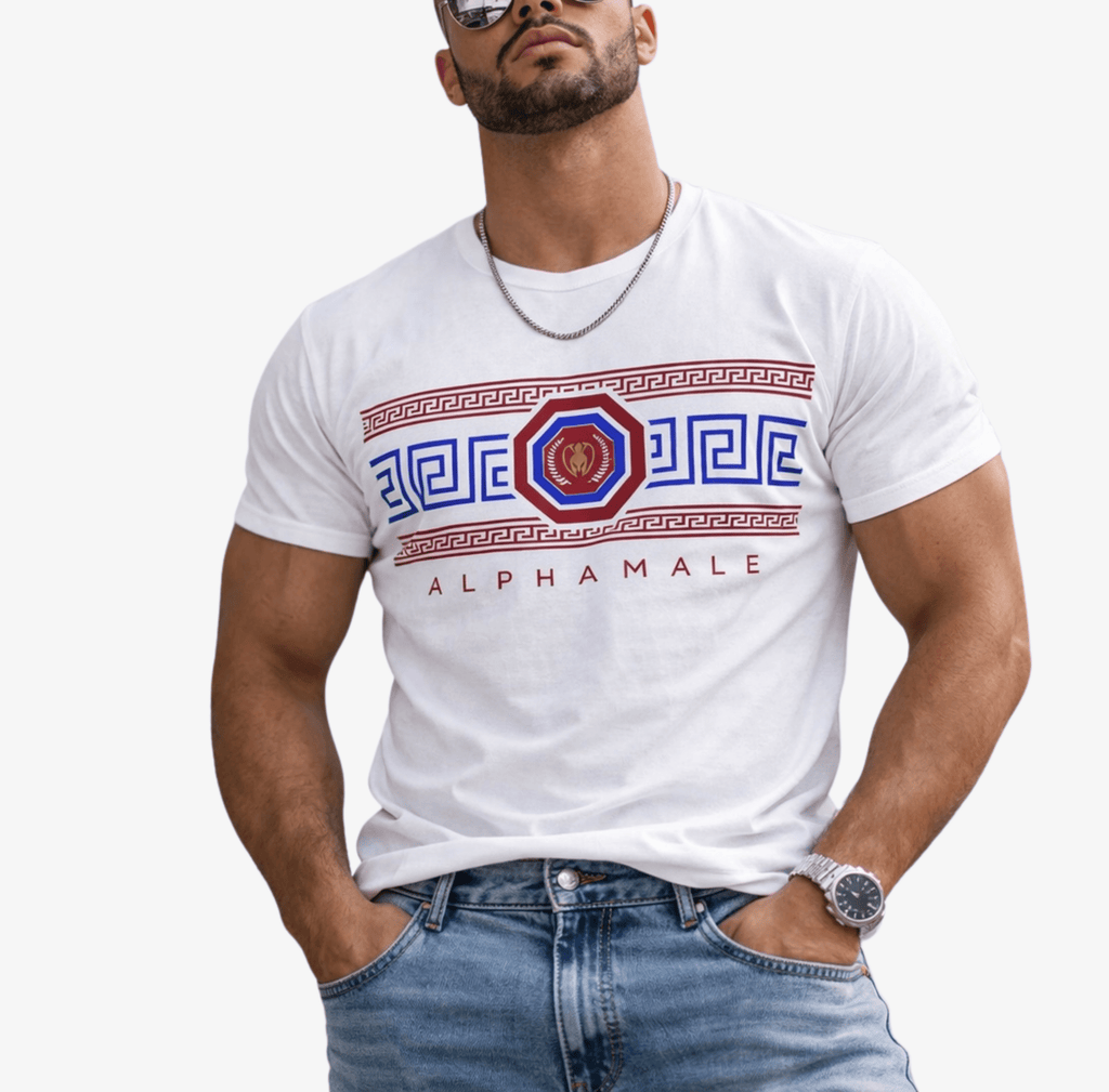 Relatable Designs white graphic tshirt with geometric pattern design styled with jeans men's modern fashion mock-up
