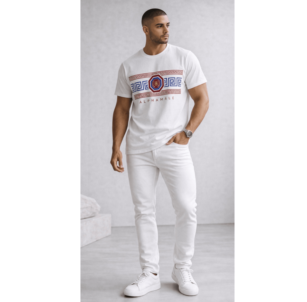 Relatable Designs graphic t-shirt with geometric pattern styled with all white outfit minimalist fashion mock-up
