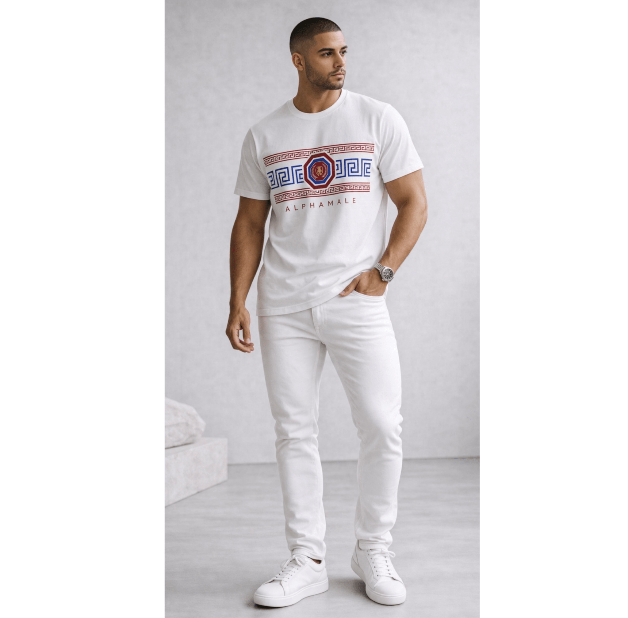 Relatable Designs graphic t-shirt with geometric pattern styled with all white outfit minimalist fashion mock-up