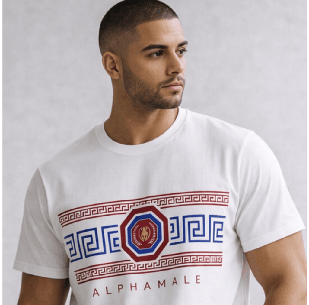 Relatable Designs white geometric graphic t-shirt styled with casual outfit men's lifestyle fashion mock-up
